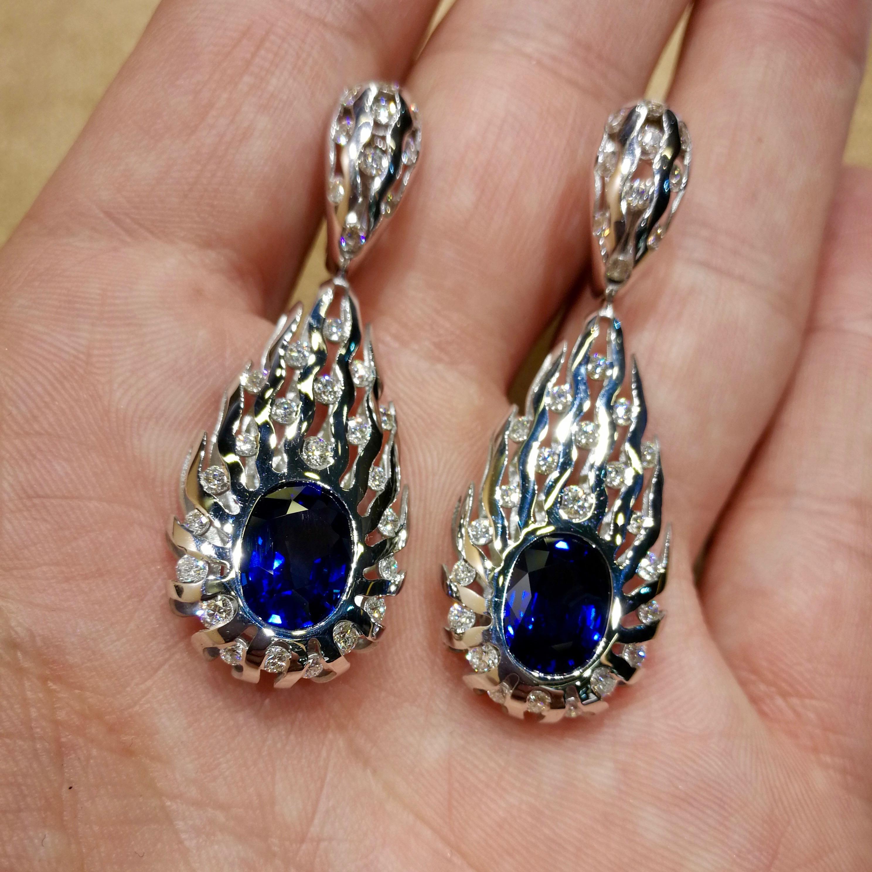 Oval Cut GRS Certified 8.03 Carat Blue Sapphire Diamonds 18 Karat White Gold Earrings For Sale