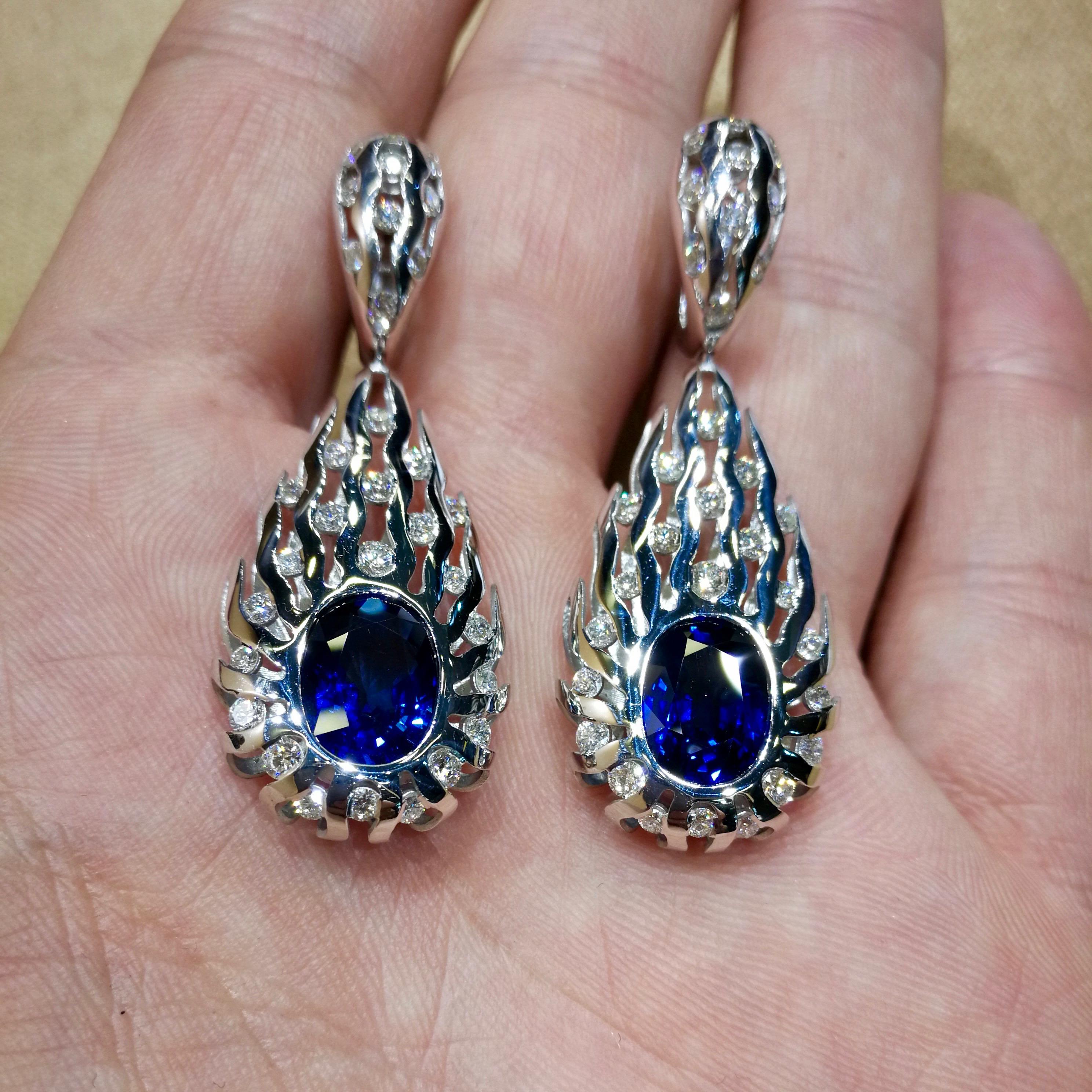 GRS Certified 8.03 Carat Blue Sapphire Diamonds 18 Karat White Gold Earrings For Sale 1