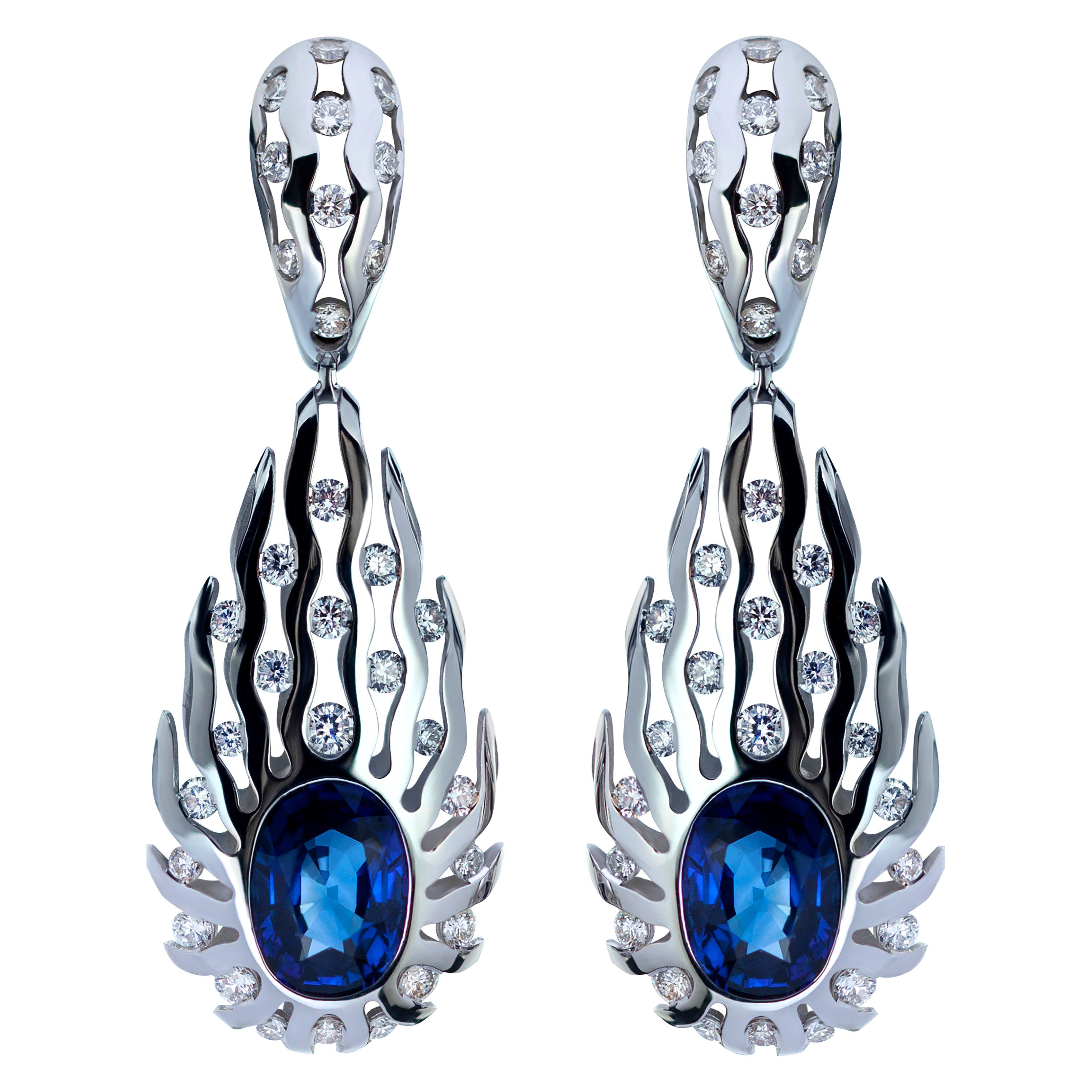 GRS Certified 8.03 Carat Blue Sapphire Diamonds 18 Karat White Gold Earrings For Sale