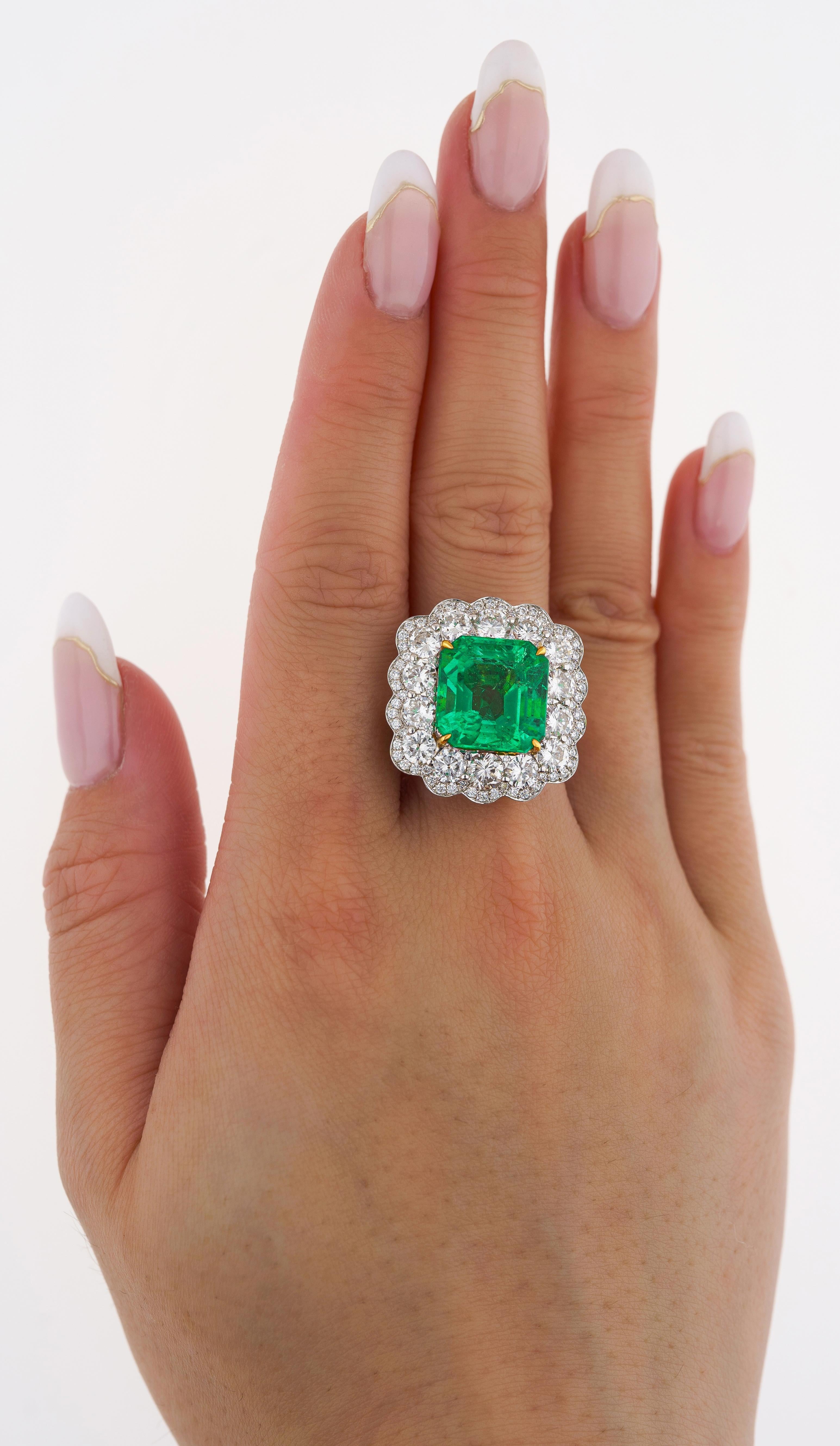Asscher Cut GRS Certified 8.04 Carat Minor Oil Colombian Emerald & Diamond Halo Ring For Sale