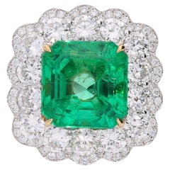 GRS Certified 8.04 Carat Minor Oil Colombian Emerald & Diamond Halo Ring