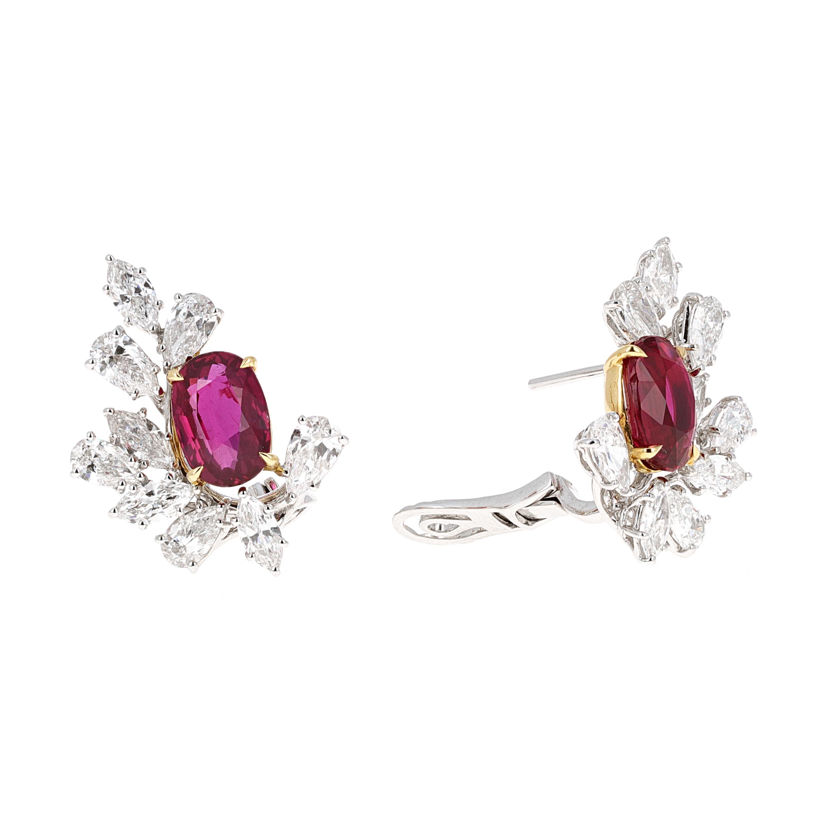 GRS Certified, 8.04 carat total weight ruby and diamond lever-back earrings. The earrings are made in 18 karat white and yellow gold.
Both rubies have been certified by the Gem Research Swiss Lab, GRS. Both gemstone reports state that the rubies are