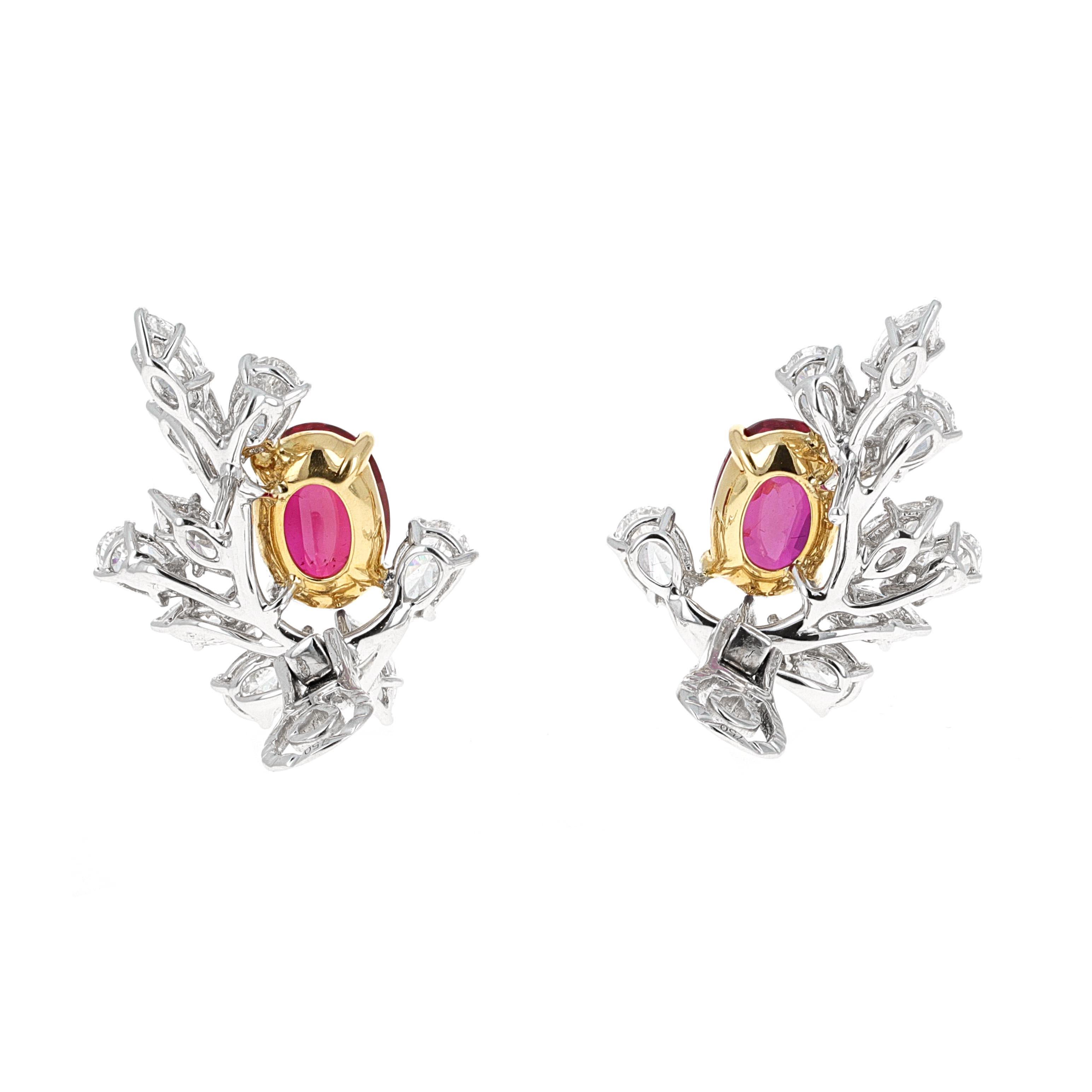 Contemporary Certified Pigeon Blood Ruby and Diamond Lever-Back Earrings