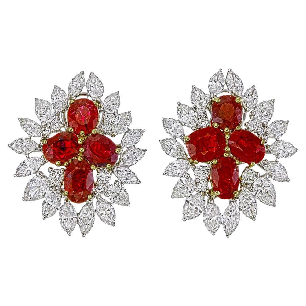 Boucles d
oreilles en or 18 carats certifiées GRS de 8,09 carats de rubis de Birmanie sans chaleur et de diamants en vente