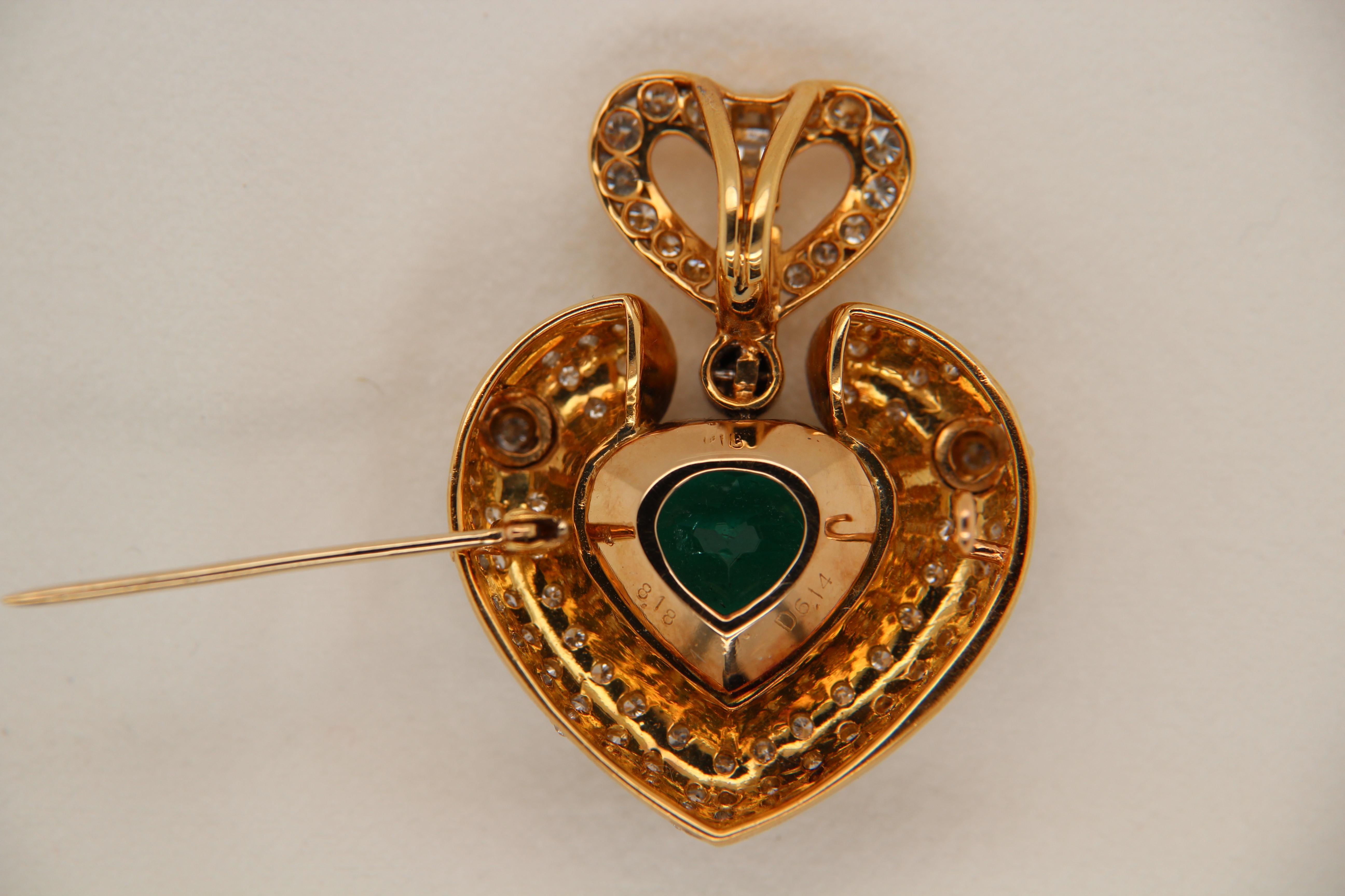 Heart Cut GRS Certified 8.18 Carat Colombian Emerald and Diamond Pendant in 18 Karat Gold