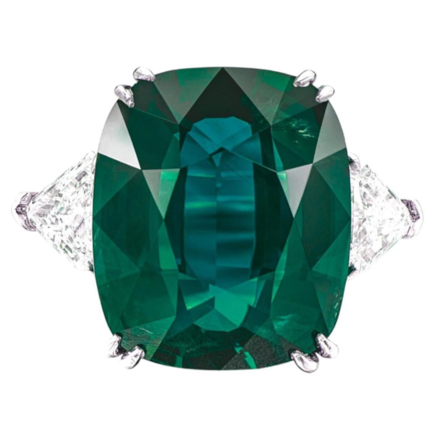 Contemporary GRS Certified 8.23 Carat Minor Oil Cushion Green Emerald  Ring For Sale