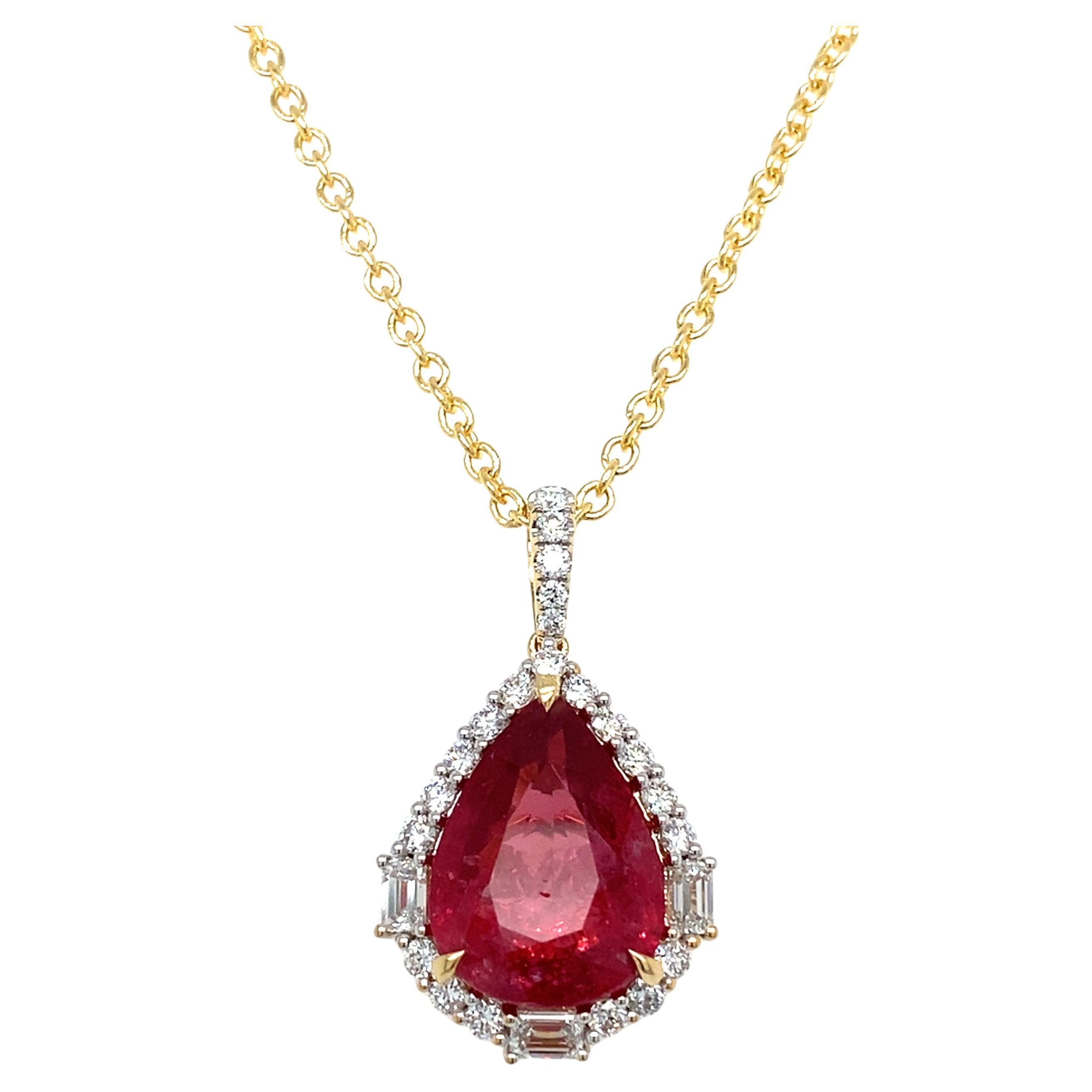 GRS Certified 8.24 Carat Pear Cut Pink Spinel Diamond Pendant