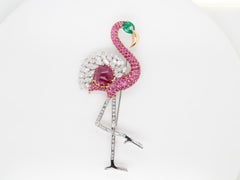 GRS Certified 8 Carat Ruby, Diamond and Emerald Flamingo Brooch in 18K Brooch