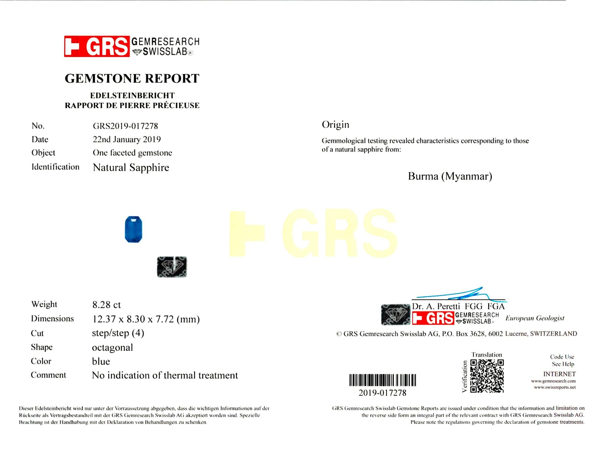 Modern GRS Certified 8.28  Carat BURMA NO HEAT Blue Sapphire  Diamond Ring For Sale