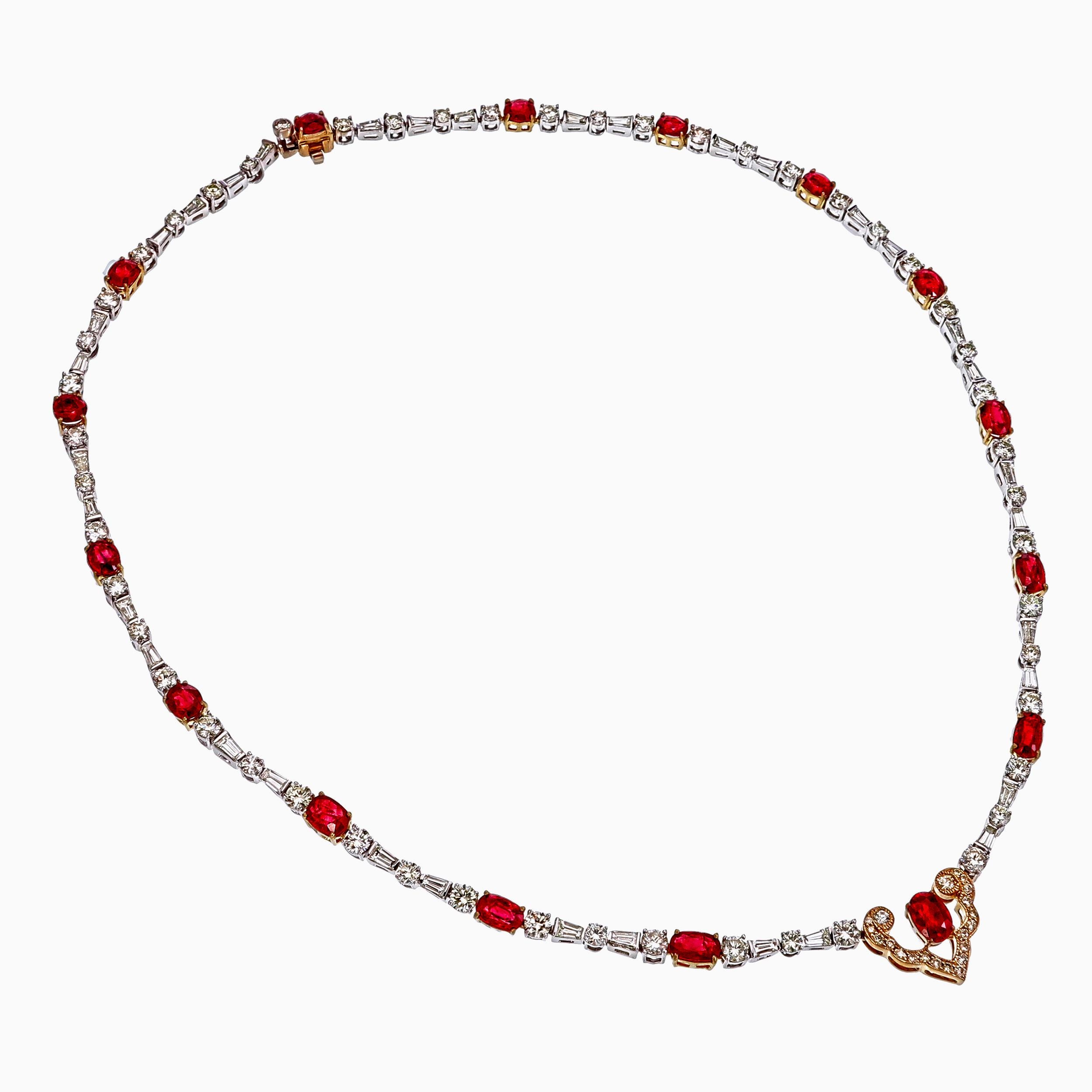 Taglio rotondo Collana di diamanti e rubini di sangue di piccione di Birmania certificata GRS da 8,31 carati, in metallo 18 carati in vendita