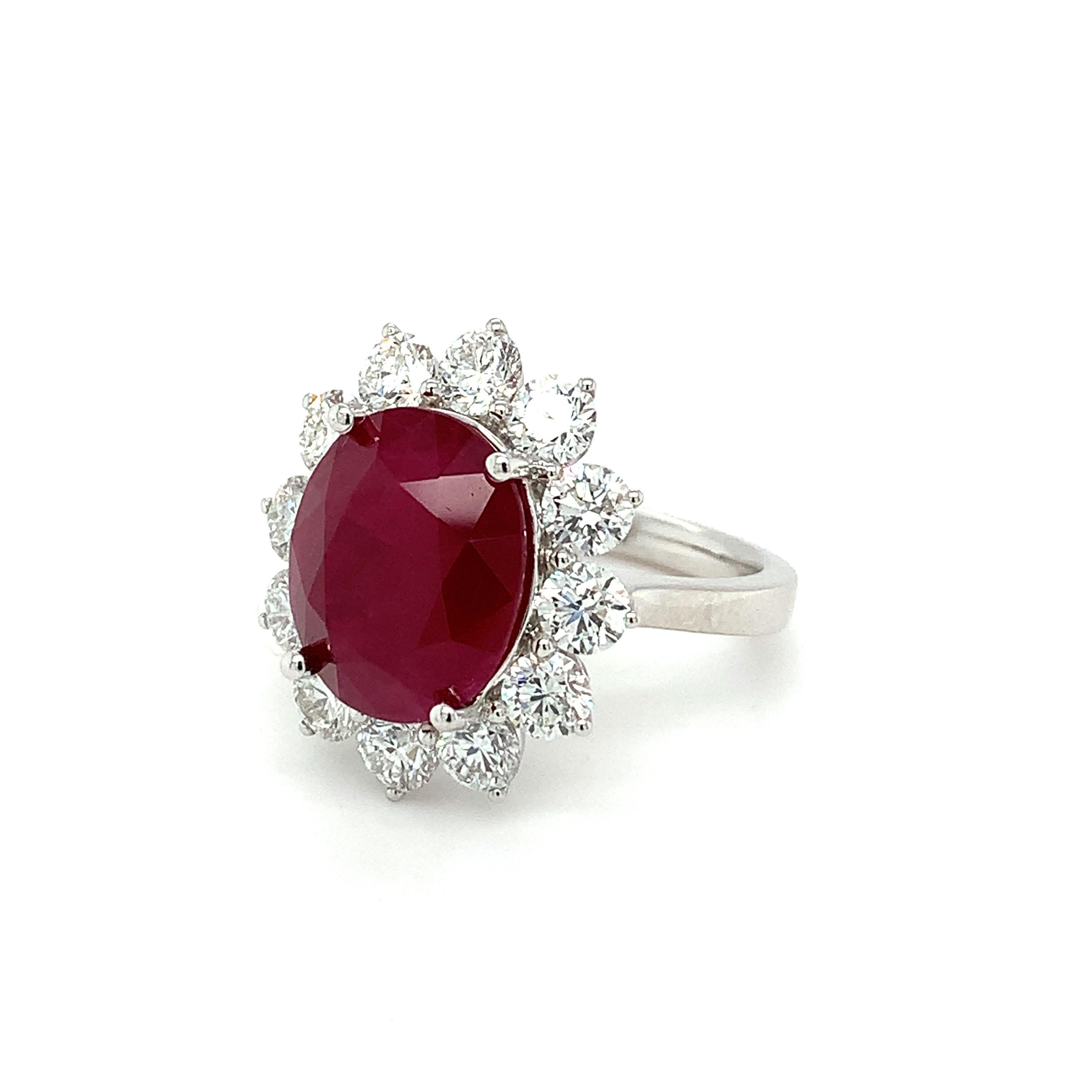 Contemporary GRS Certified 8.31 Carat Burmese Ruby Diamond White Gold Halo Ring For Sale