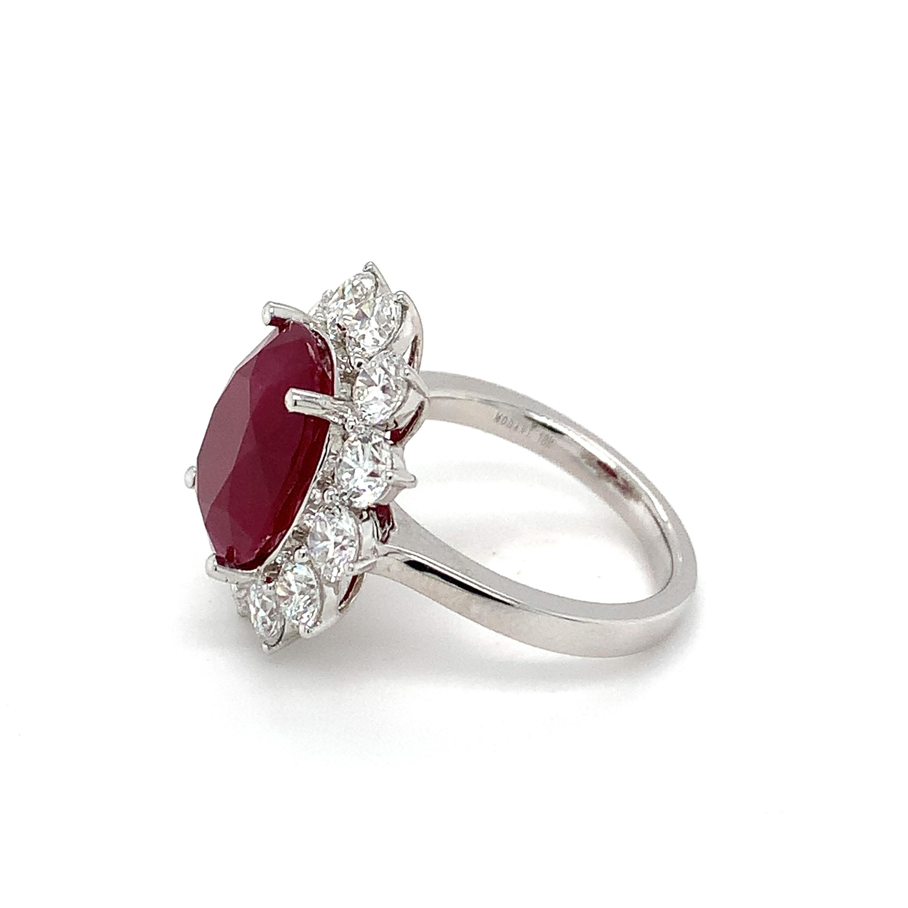 GRS Certified 8.31 Carat Burmese Ruby Diamond White Gold Halo Ring In New Condition For Sale In Trumbull, CT