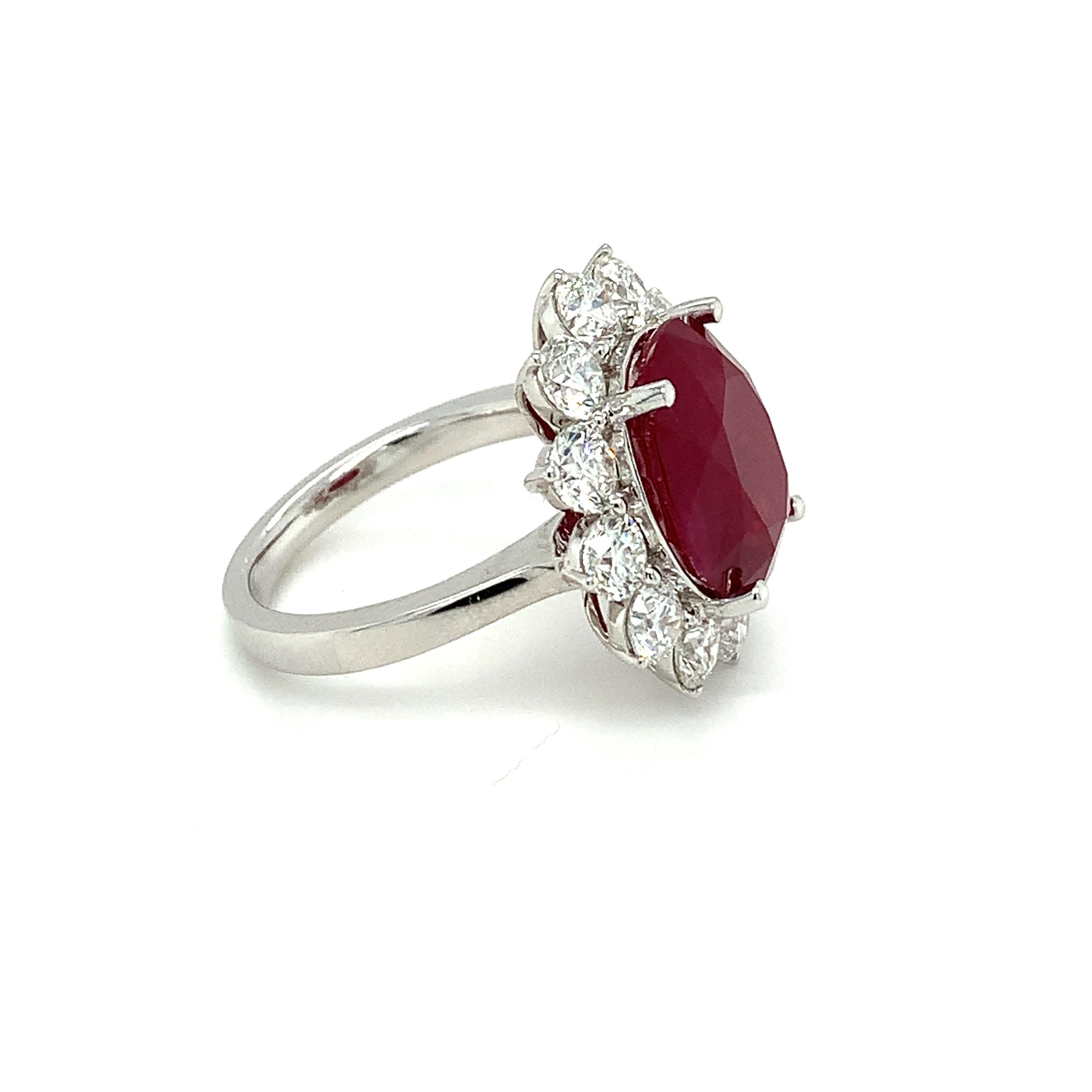 GRS Certified 8.31 Carat Burmese Ruby Diamond White Gold Halo Ring For Sale 3
