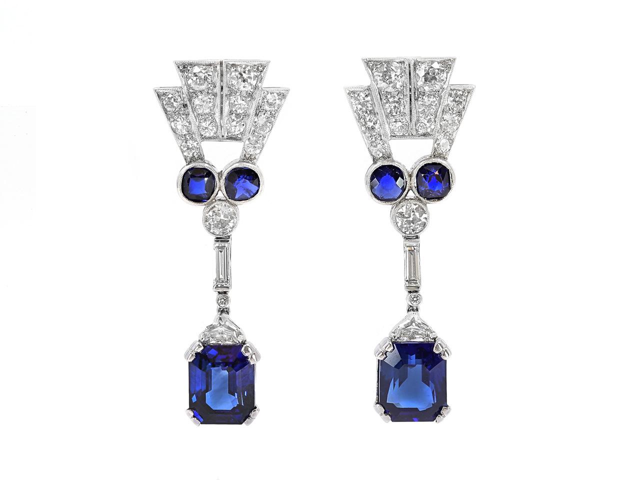 GRS Certified 8.39 Carat Blue Sapphire Art Deco Inspired Platinum Earrings