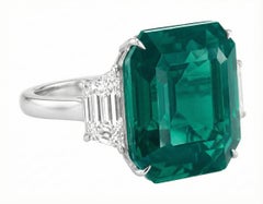 GRS Certified 8.46 Carat Vivid Green Zambian Emerald Ring with Baguette Diamo