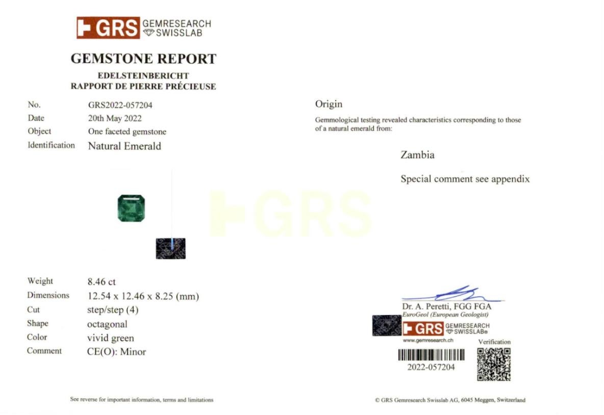 Emerald Cut GRS Certified 8.46 Carat Vivid Green Zambian Emerald Ring with Baguette Diamo For Sale
