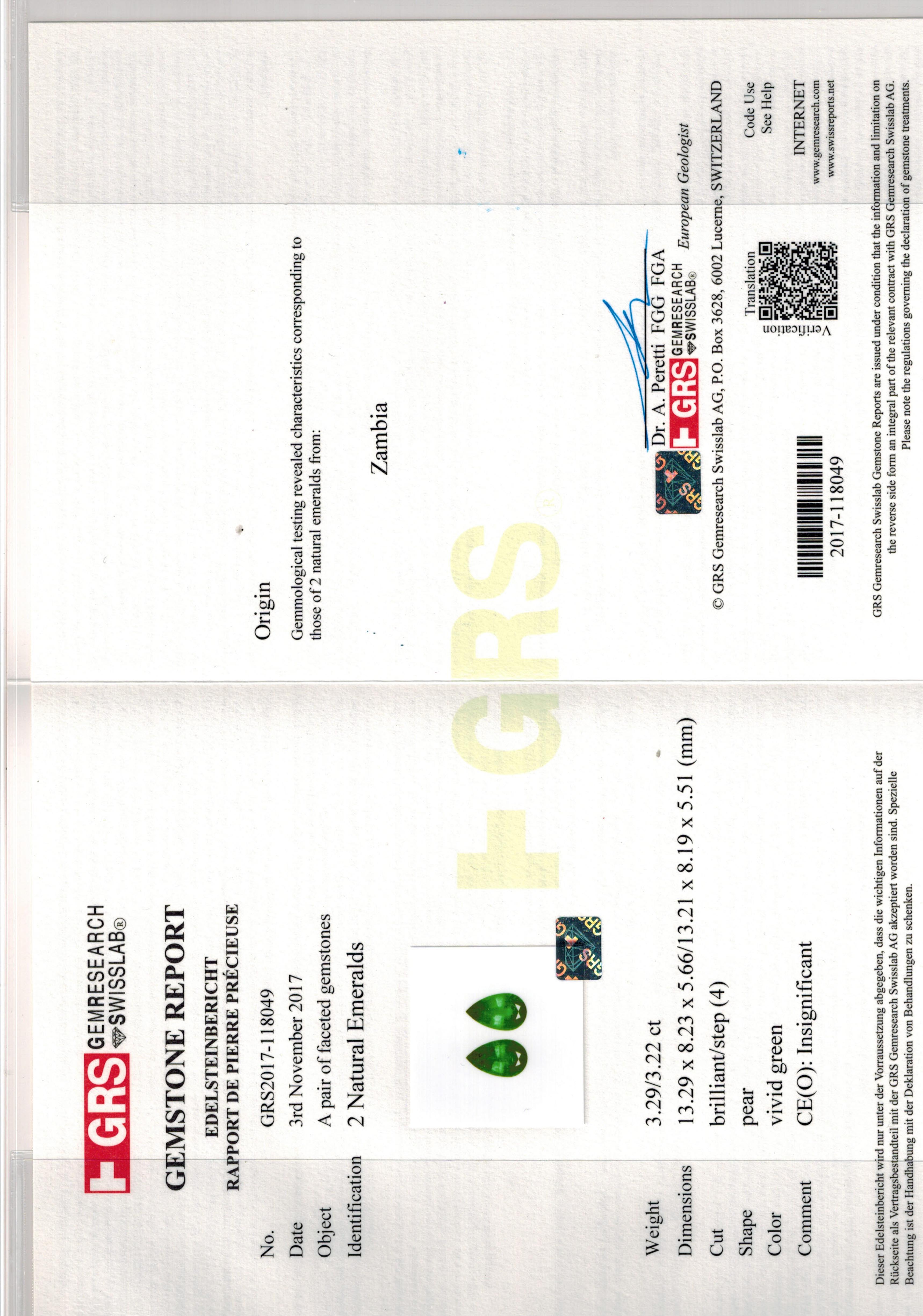 GRS Certified 8.49 Carat Pear Cut Insignificant Oil Emerald Earrings In New Condition For Sale In Chicago, IL