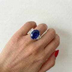GRS Certified 8.83 Carat Sri Lanka Sapphire Half Moon Diamond Ring in 18K