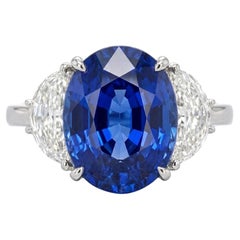 GRS Certified 8.83 Carat Sri Lanka Sapphire Half Moon Diamond Ring in 18K