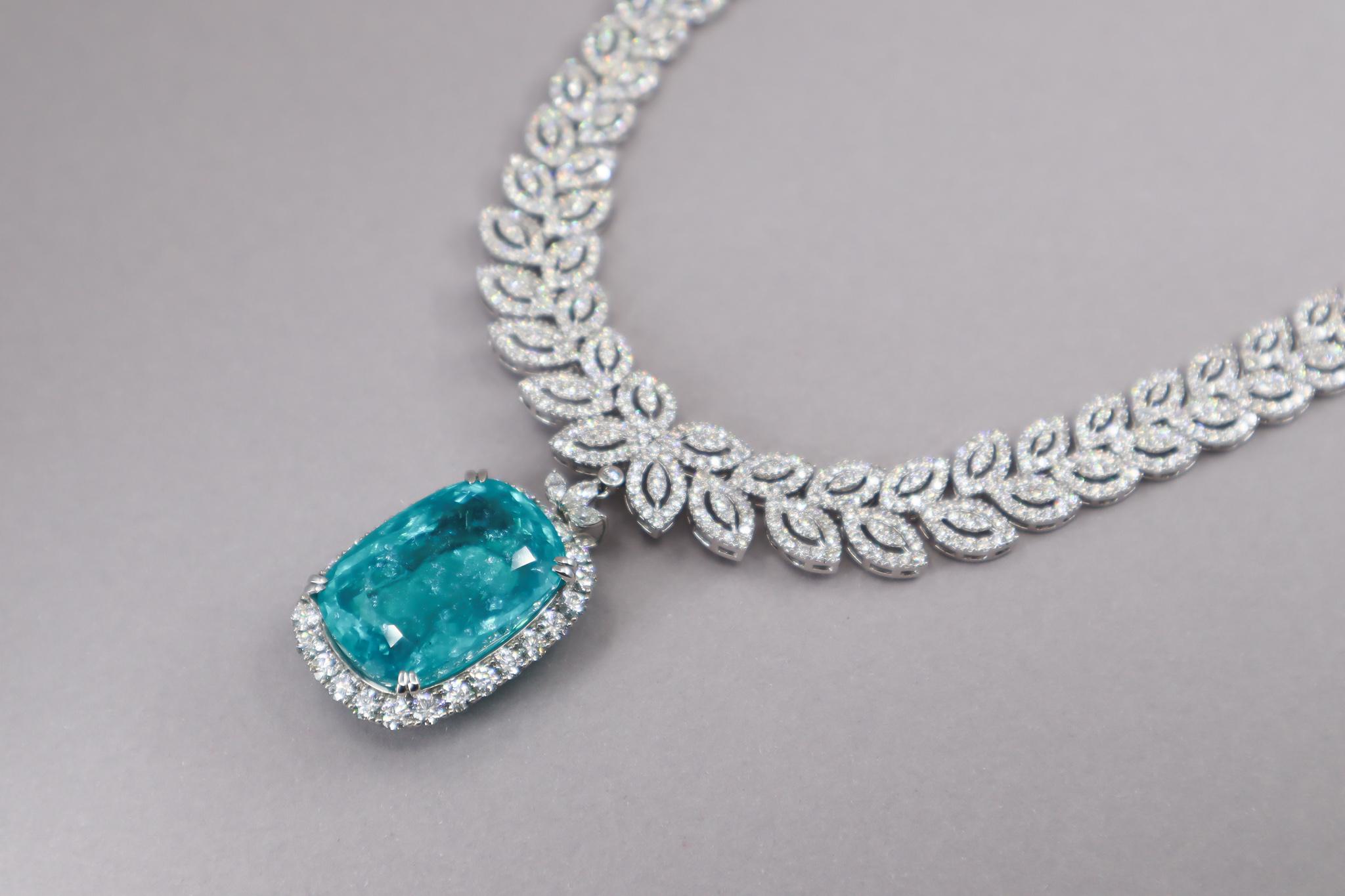 The sensational color, 88.37 carat Paraiba tourmaline Necklace from Mozambique with GRS report certification. 
This Paraiba tourmaline is among the most sought-after and rare gemstones in the world and Paraiba Tourmalines of this size are virtually