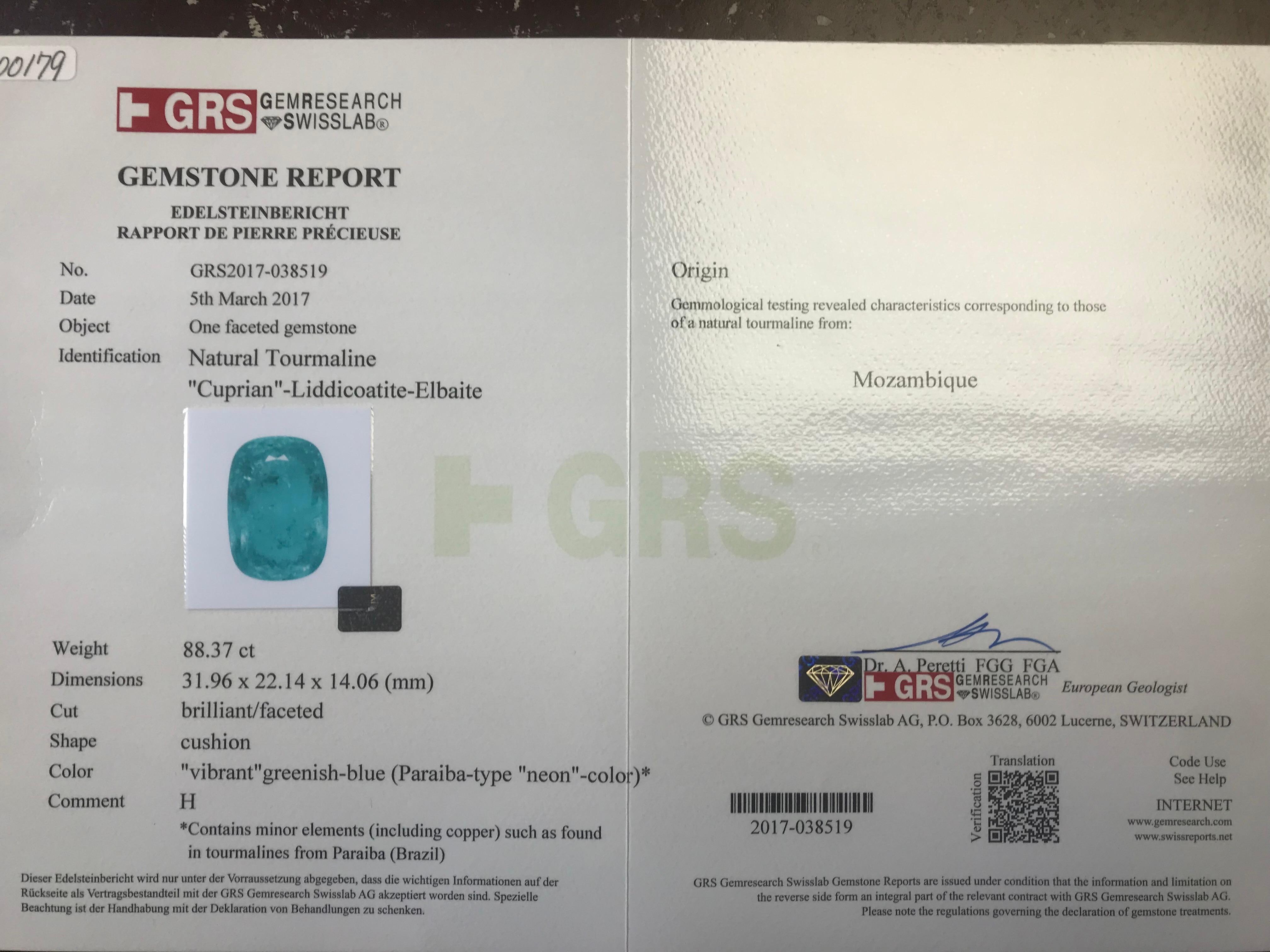 GRS Certified 88.37 Carat Paraiba Tourmaline Necklace 1