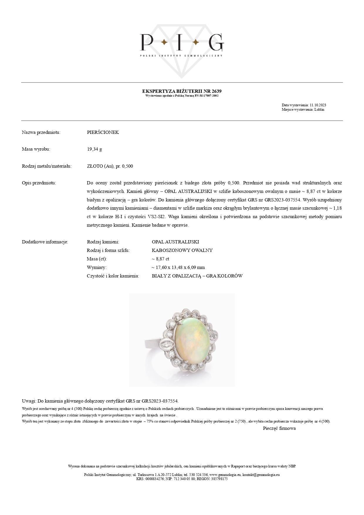 GRS-zertifizierter 8,87 Karat australischer Opal und 1,18 Karat Diamantring aus 12K Weißgold im Zustand „Hervorragend“ im Angebot in Warszawa, PL