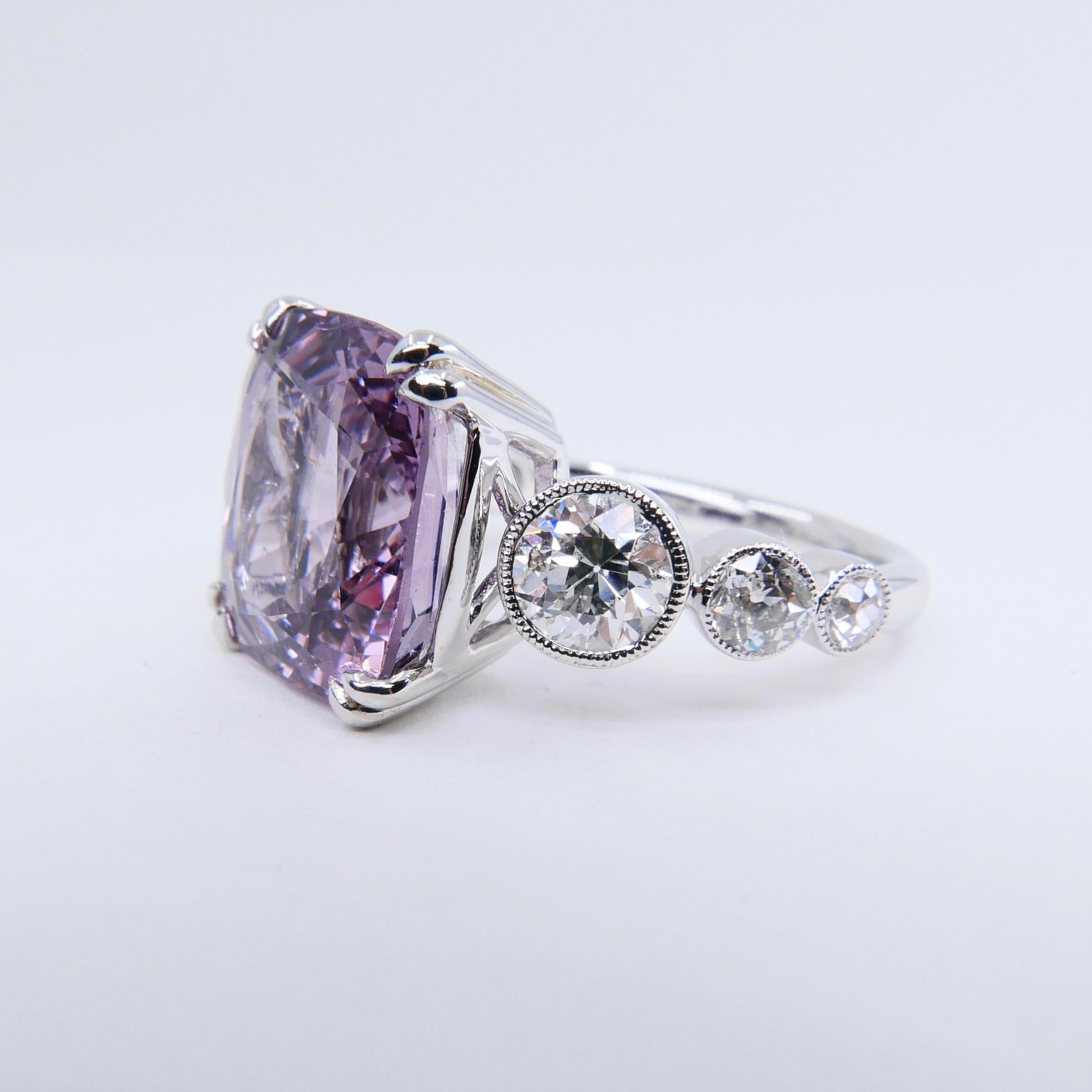 GRS Certified 8.95 Carat Pastel Purplish Pink Spinel Diamond Ring, Burma No Heat For Sale 2