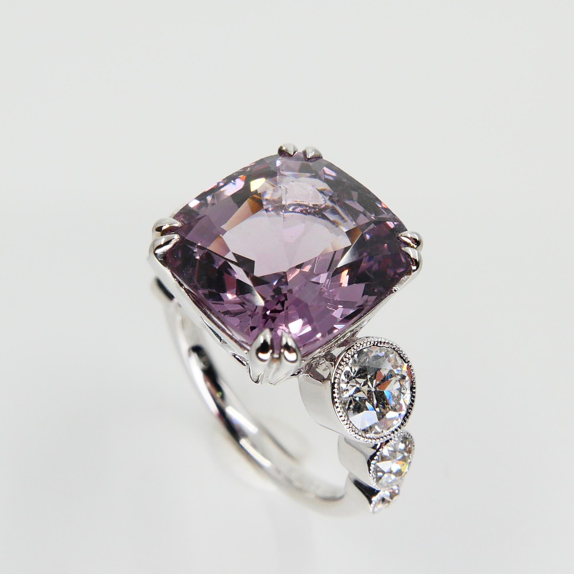 GRS Certified 8.95 Carat Pastel Purplish Pink Spinel Diamond Ring, Burma No Heat For Sale 7