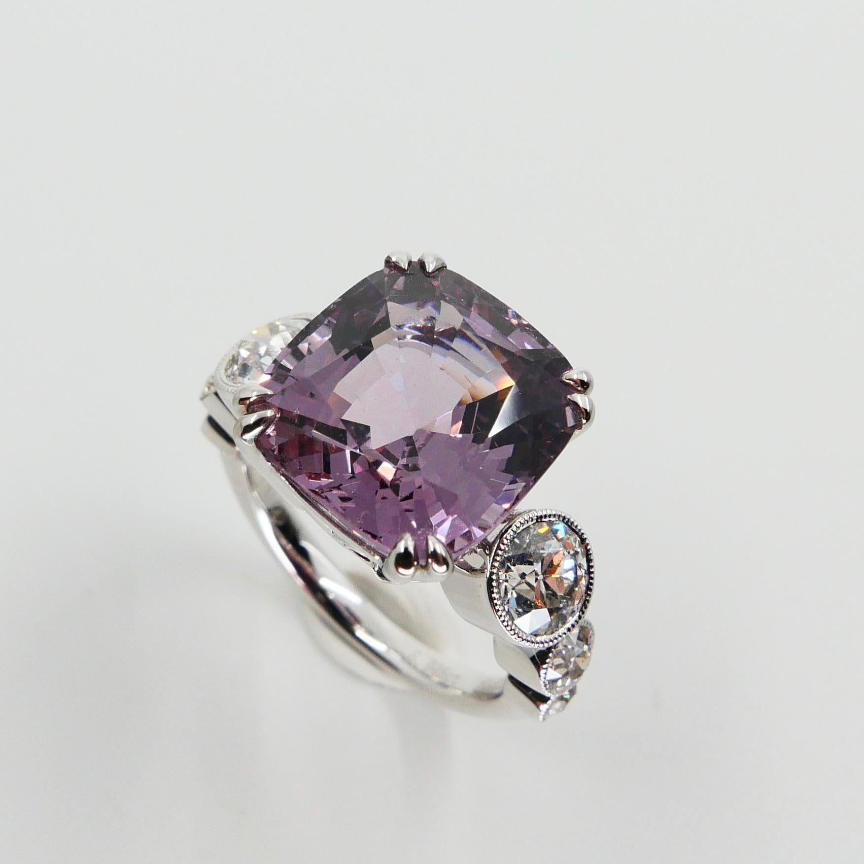 GRS Certified 8.95 Carat Pastel Purplish Pink Spinel Diamond Ring, Burma No Heat For Sale 9
