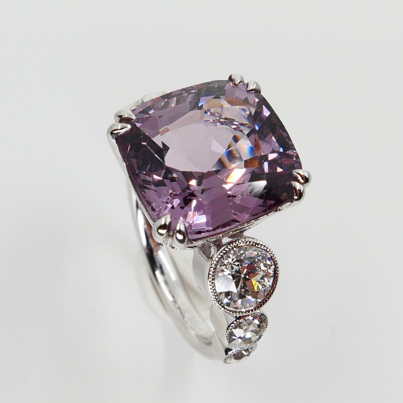 Cushion Cut GRS Certified 8.95 Carat Pastel Purplish Pink Spinel Diamond Ring, Burma No Heat For Sale