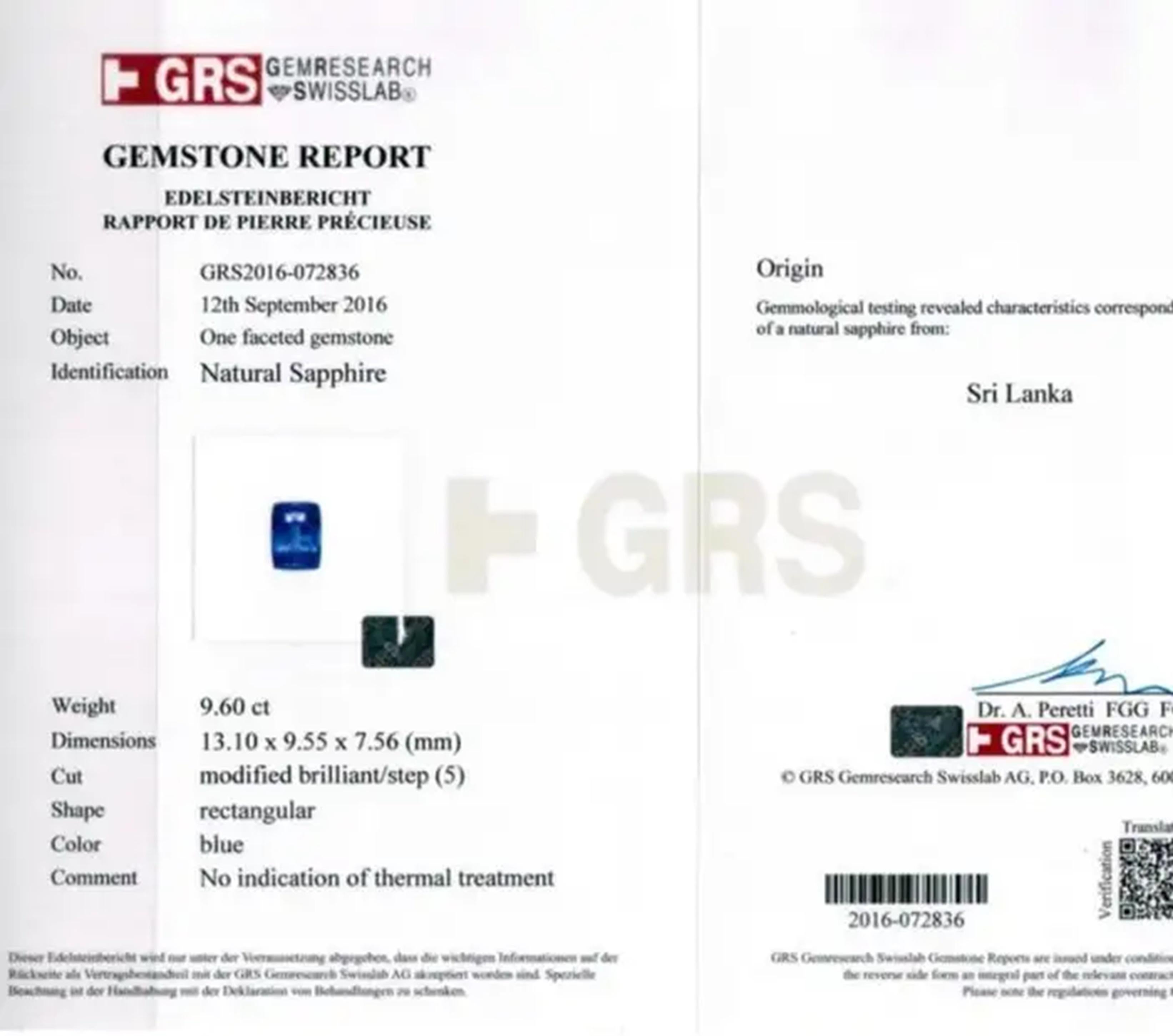 Cushion Cut GRS Certified 9 Carat Blue Sapphire Ceylon Sapphire Diamond Platinum Ring For Sale