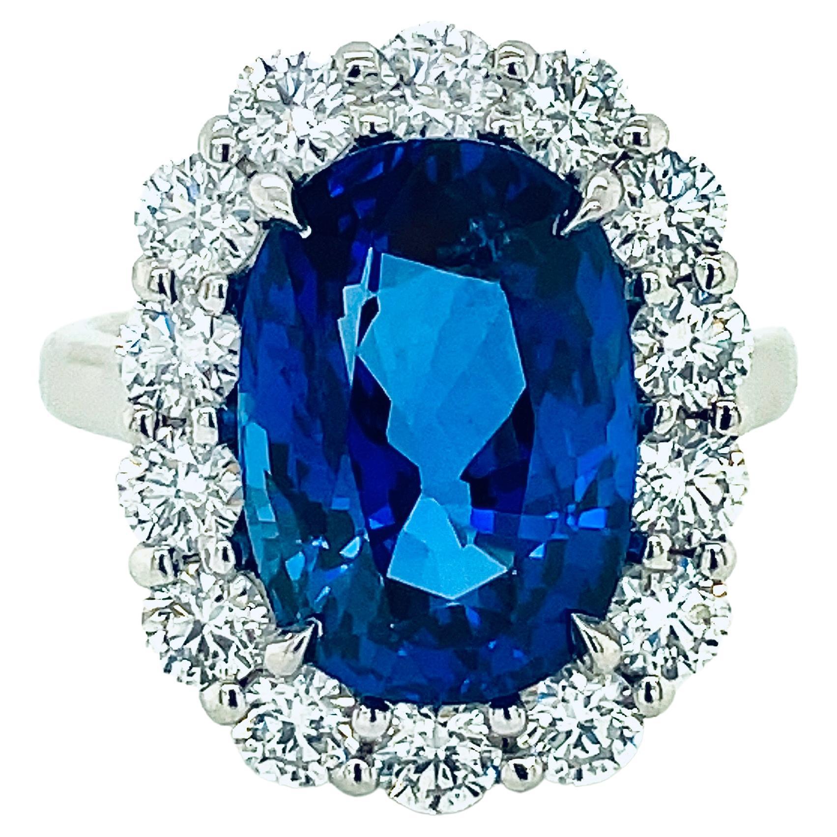 GRS Certified 9.13 Carat Oval Cut Sapphire Halo Engagement Ring For Sale
