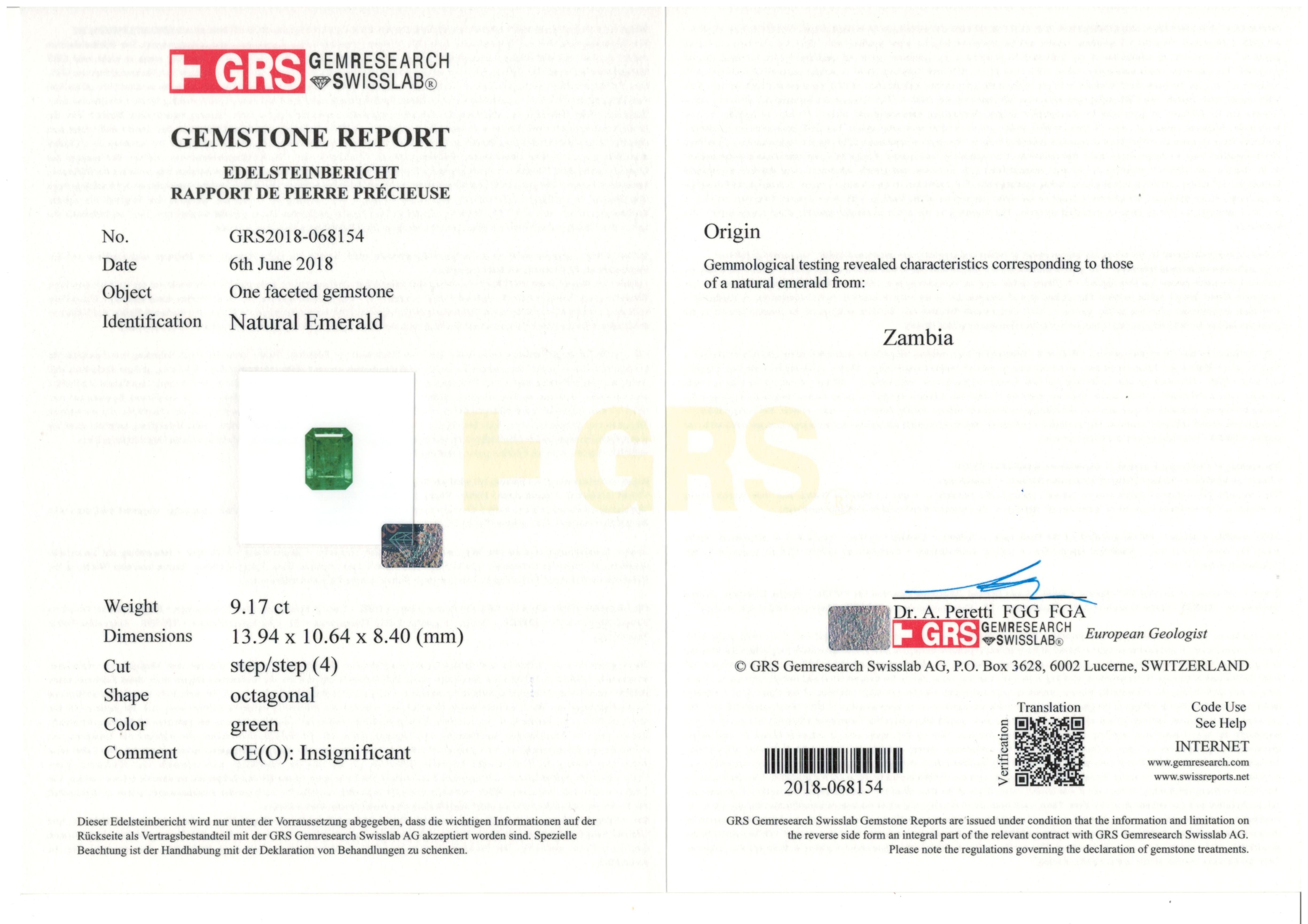 De las mujeres GRS Certified 9.17 Carat NO OIL Emerald Ring en venta