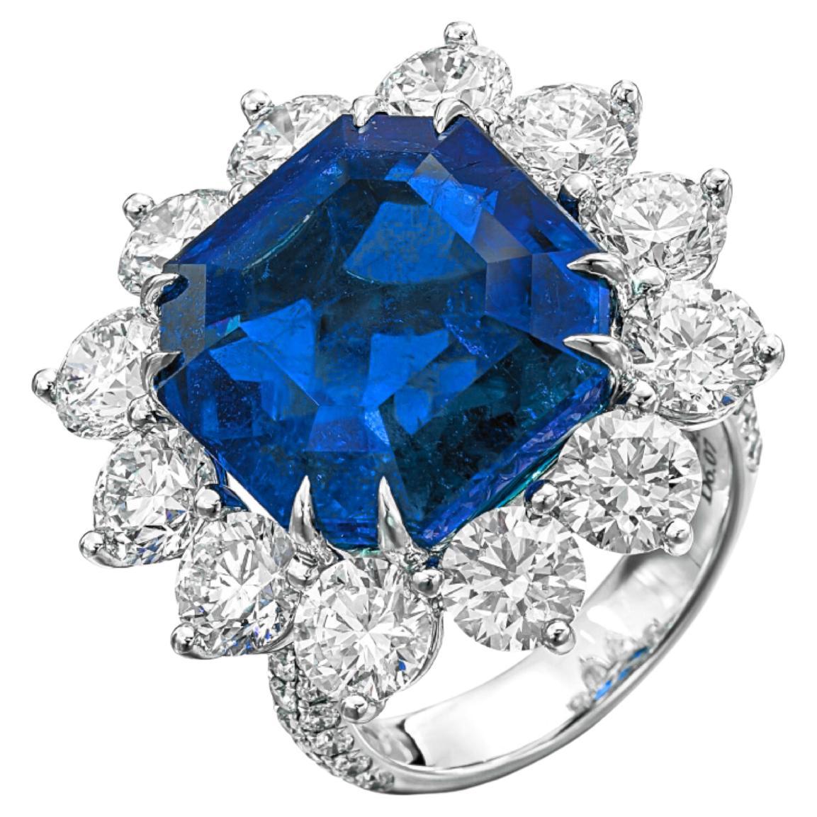 GRS Certified 9.23 Carat Vivid Blue NO HEAT Sapphire Diamond Ring