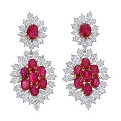 GRS Certified 9.27 Carat Burma No Heat Ruby and Diamond Chandelier Earrings