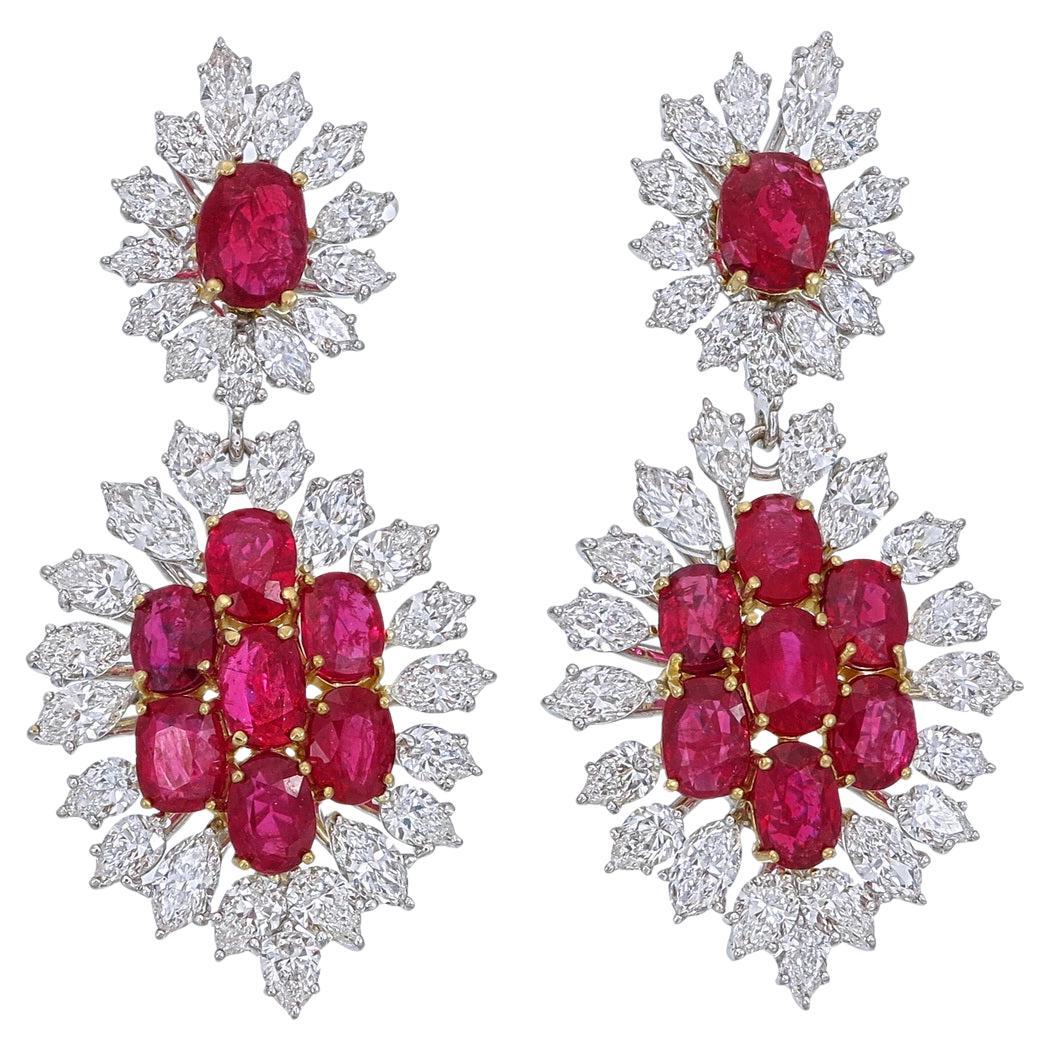GRS Certified 9.27 Carat Burma No Heat Ruby and Diamond Chandelier Earrings