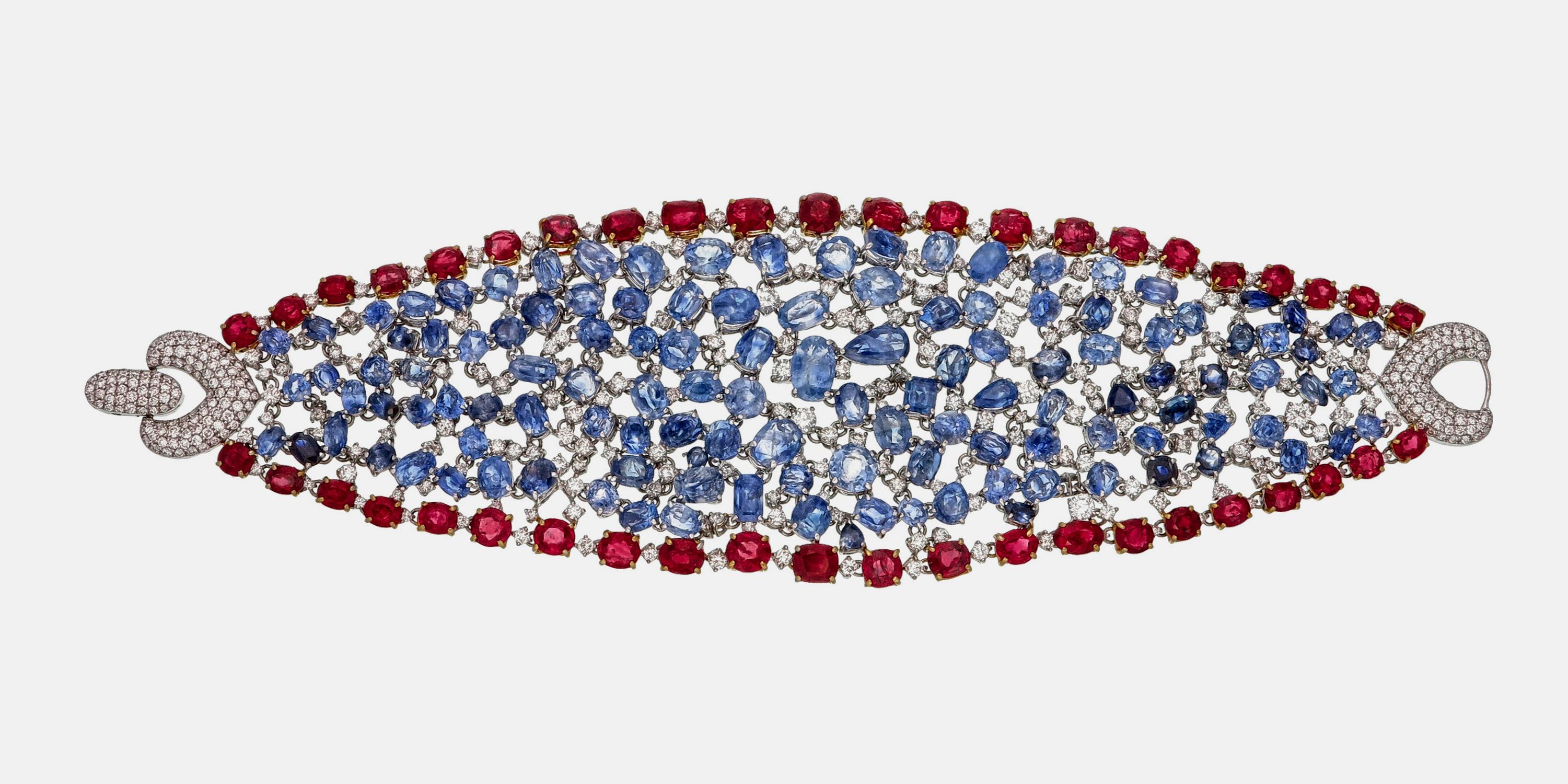 Brazalete de rubí de Birmania, zafiro y diamantes, certificado GRS, de 95,75 quilates, en oro de 18 quilates Art Decó en venta