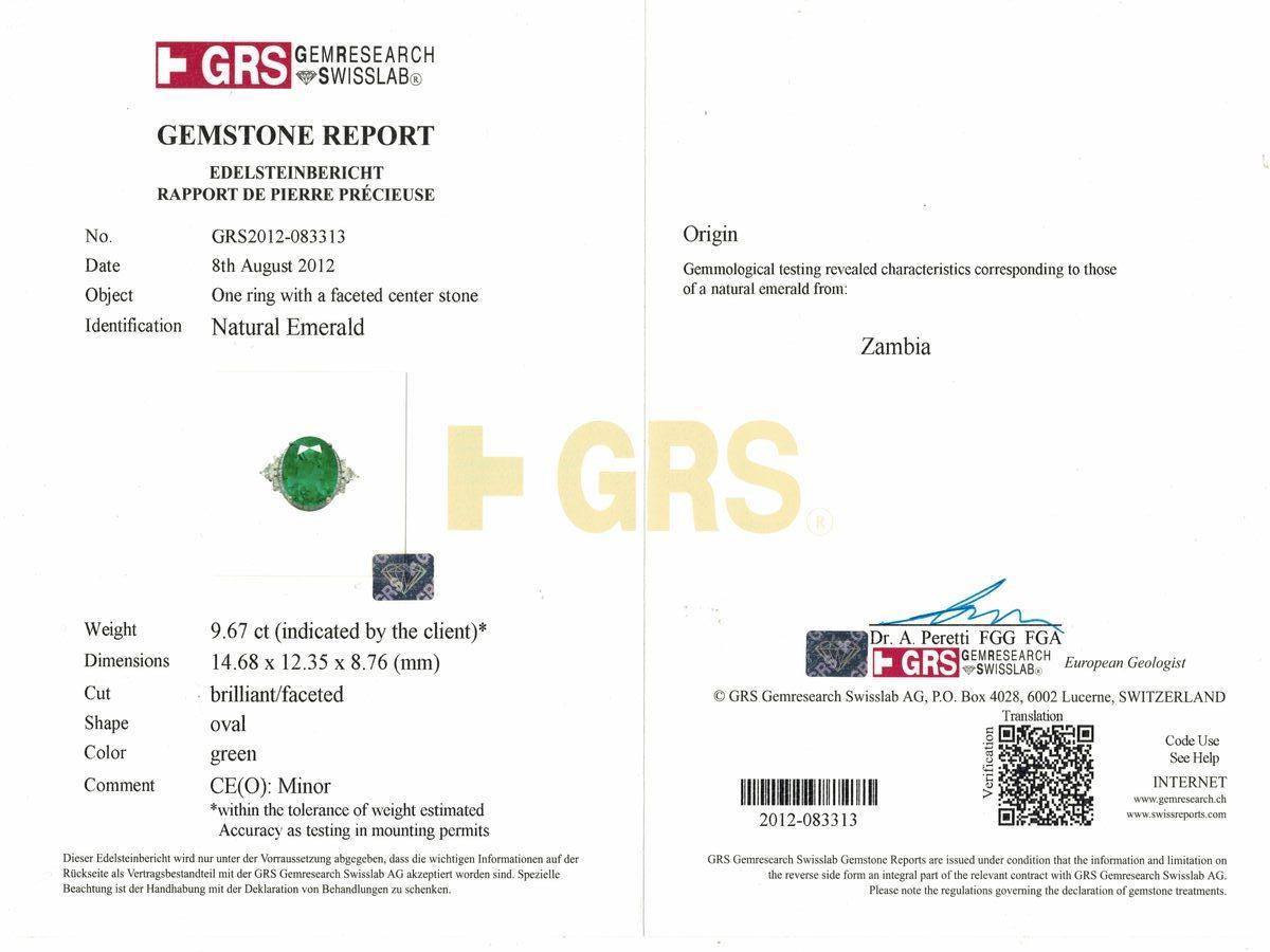 Women's GRS Certified 9.6 Carat Zambian Emerald & Diamond Ring in 18Karat Yellow Gold For Sale
