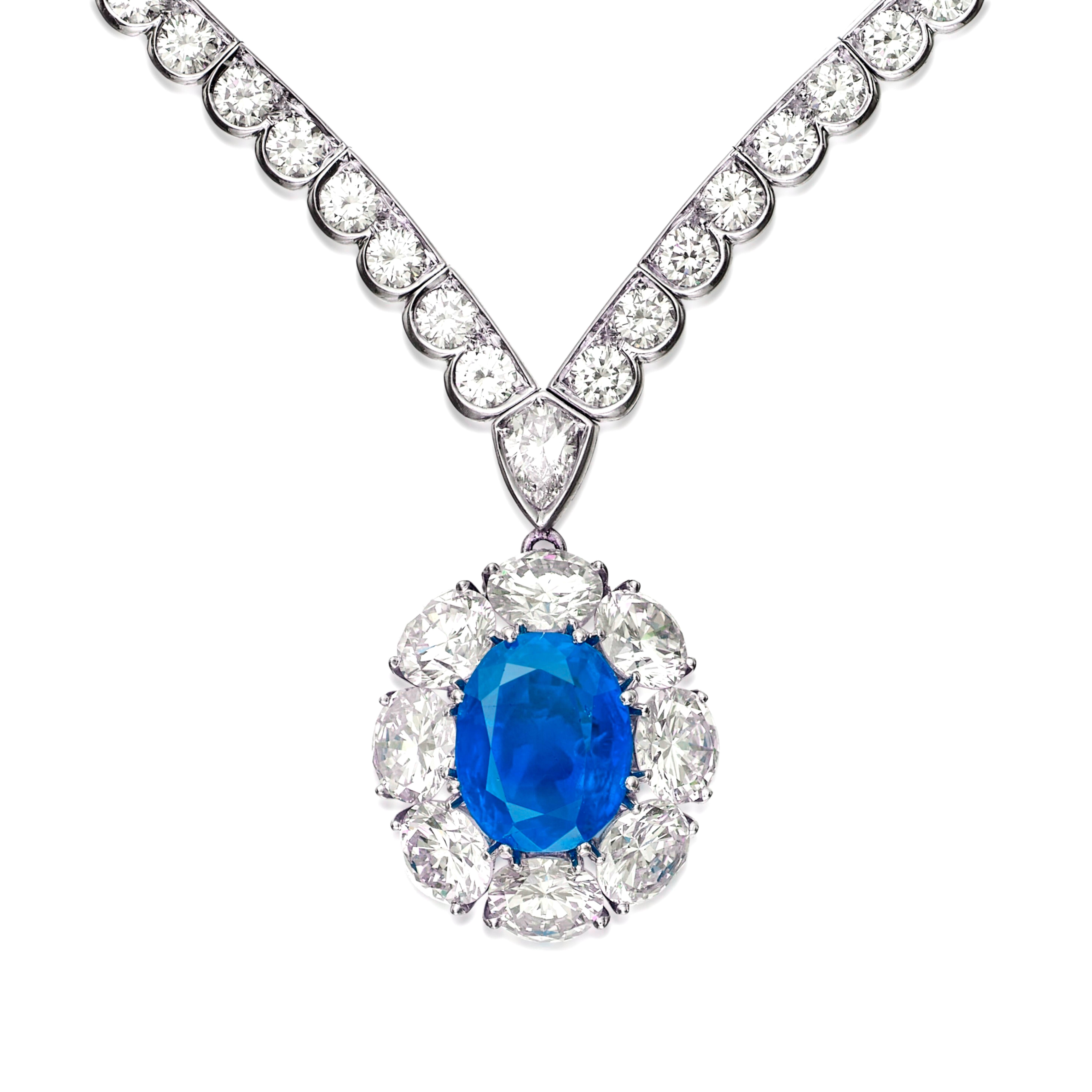 Taglio ovale Certificato GRS 9.77 Ct. Collana girocollo con diamanti e zaffiri di Ceylon in vendita