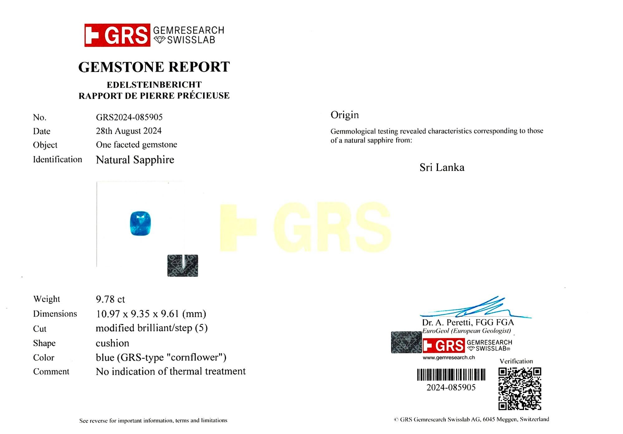 Cushion Cut GRS Certified 9.78 Ct. Ceylon Untreated Sapphire Diamond Ring For Sale