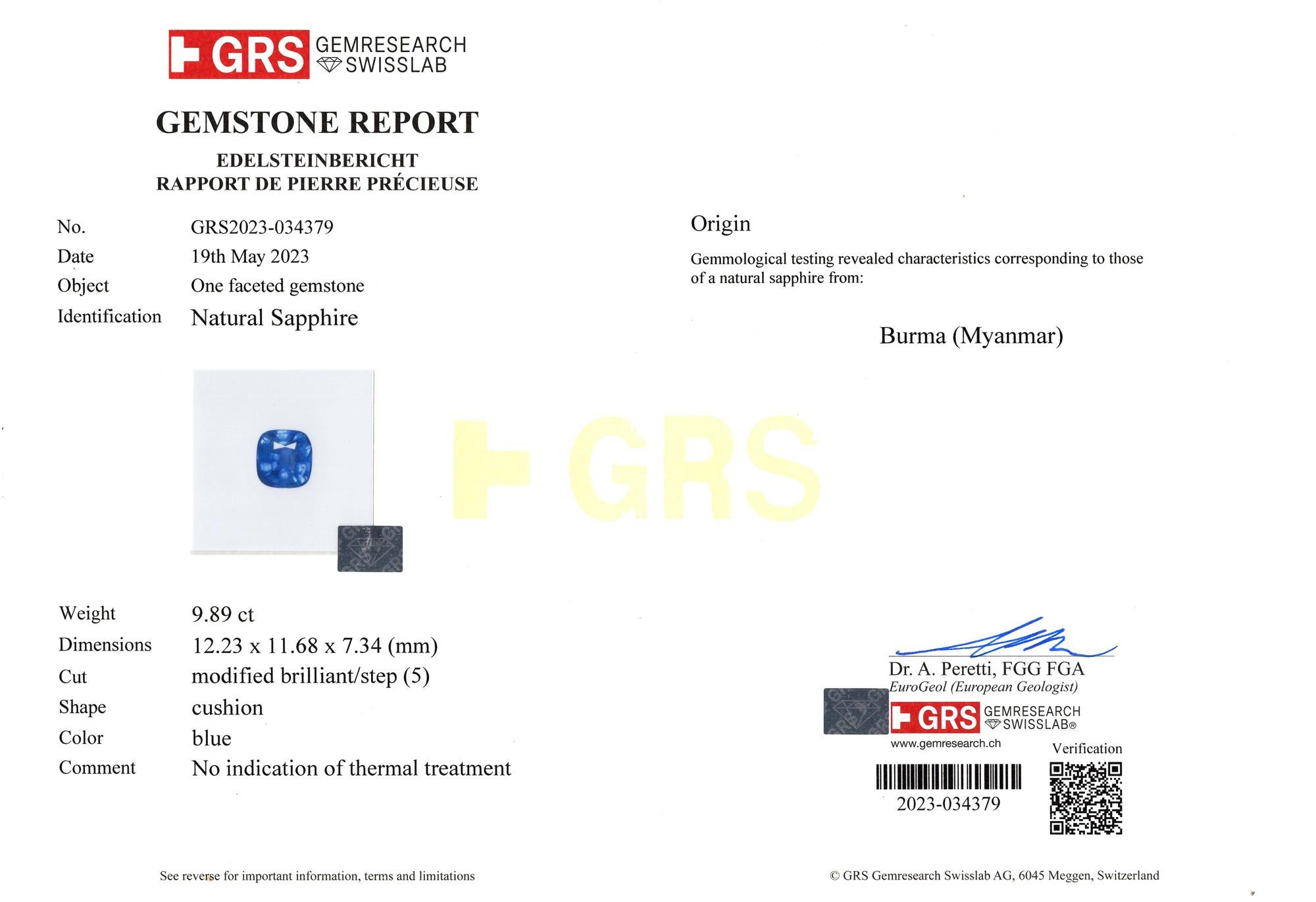 Taglio cuscino Anello con diamante blu birmano certificato GRS da 9,89 carati a cuscino NO HEAT in vendita