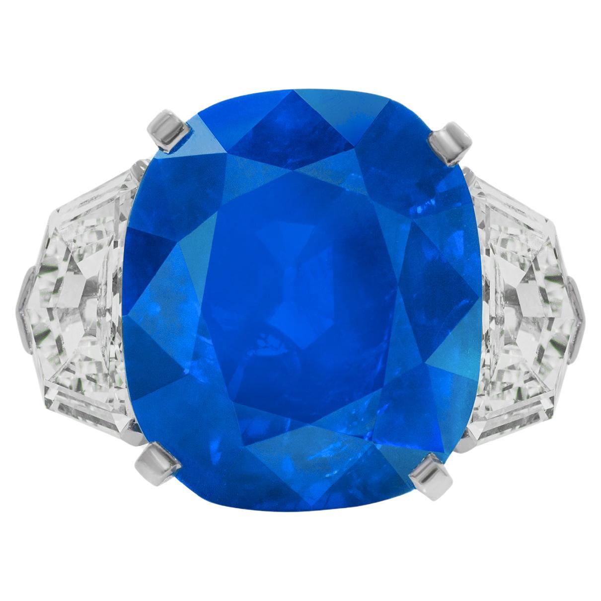 Cushion Cut GRS Certified 9.89 Carat Burmese Untreated Sapphire Diamond Platinum Ring For Sale