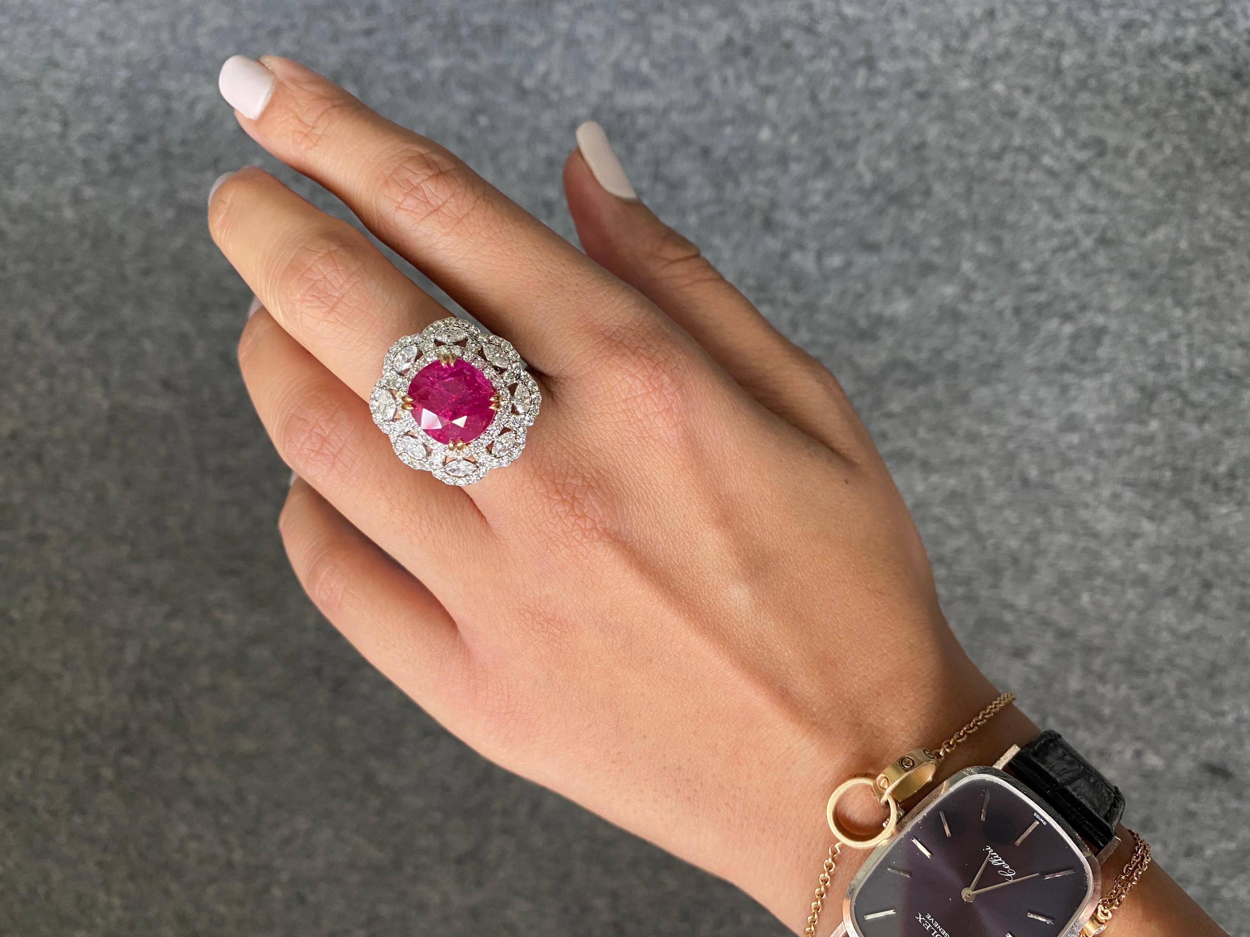 A stunning, GRS certified 9.90 carat, no heat cushion shaped Burmese Ruby and White Diamond ring, set in solid 18K White Gold. The Ruby is natural and not heat treated, completely transparent, with a beautiful pinkish-red hue and great luster. This