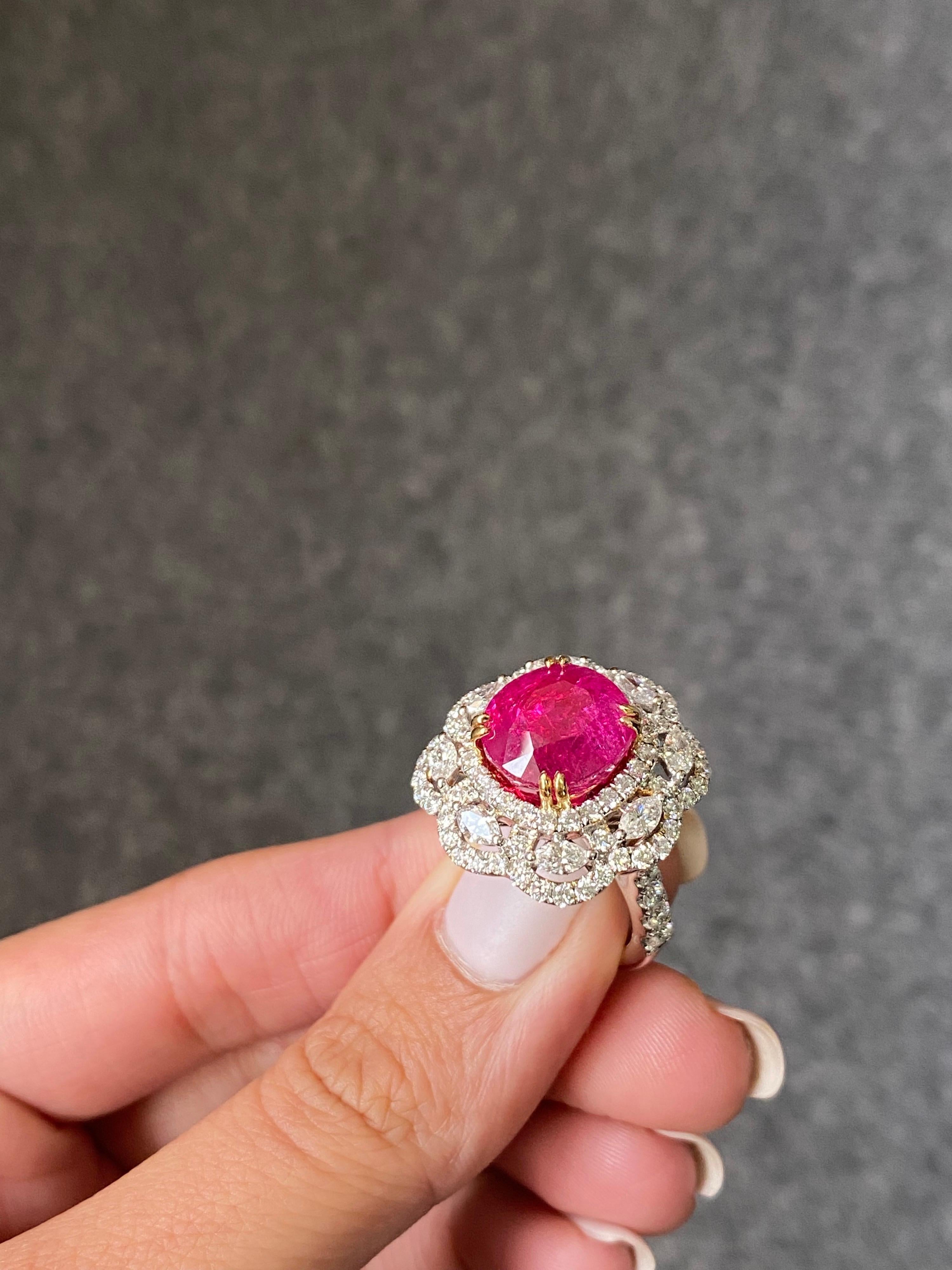Art Deco GRS Certified 9.90 Carat Burmese Ruby and Diamond Cocktail Engagement Ring For Sale