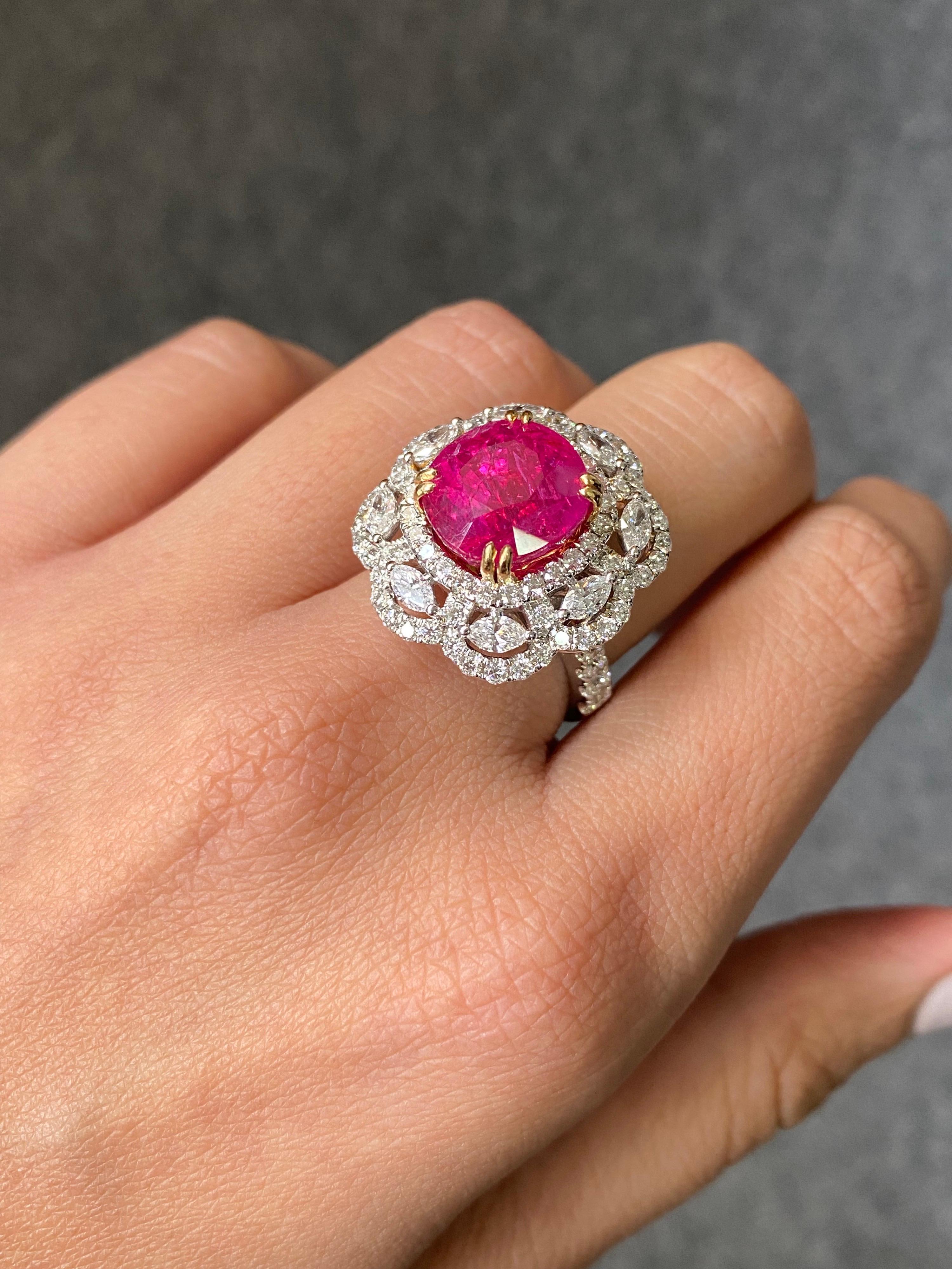 Cushion Cut GRS Certified 9.90 Carat Burmese Ruby and Diamond Cocktail Engagement Ring For Sale