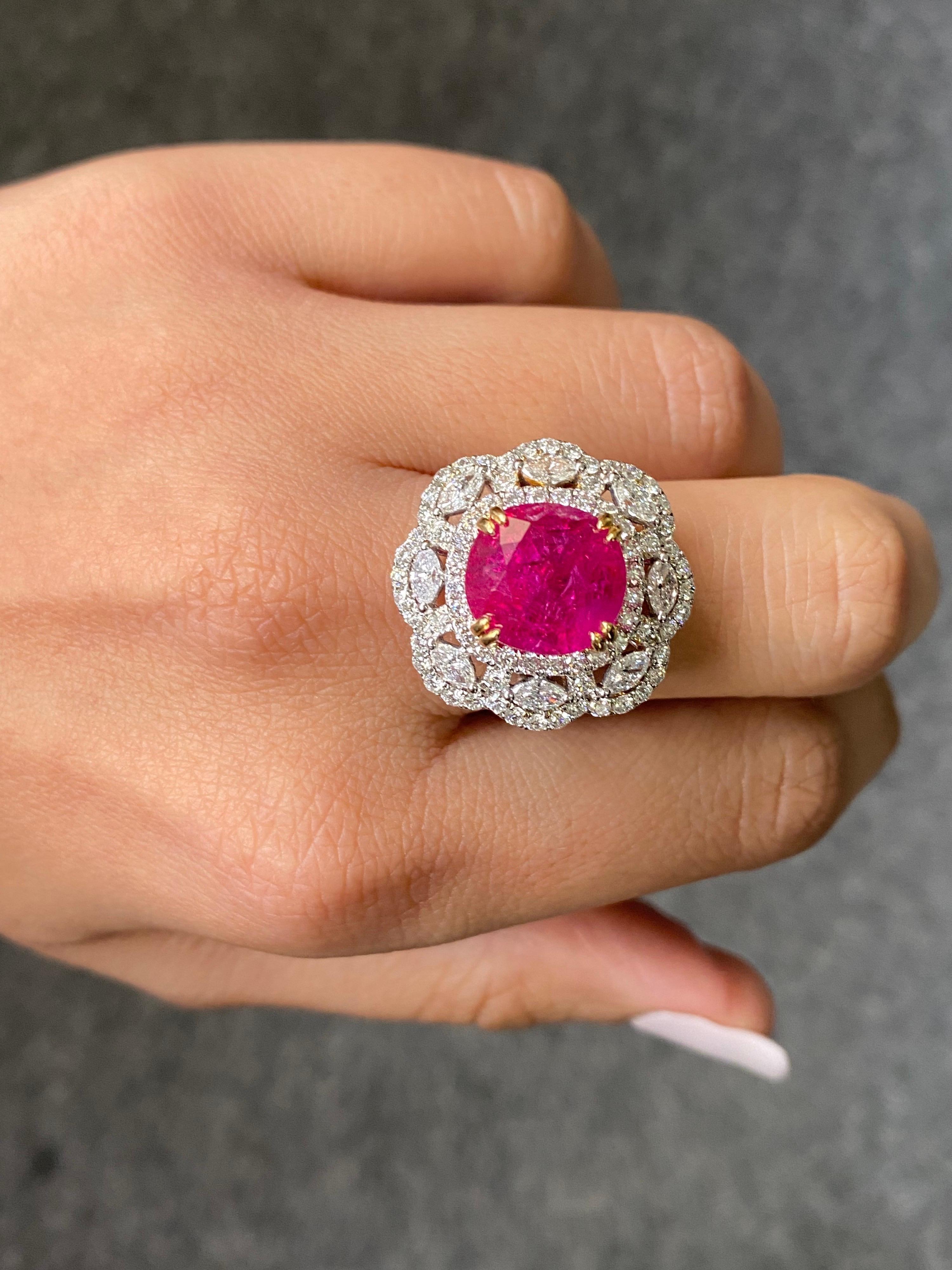 GRS Certified 9.90 Carat Burmese Ruby and Diamond Cocktail Engagement Ring In New Condition For Sale In Bangkok, Thailand