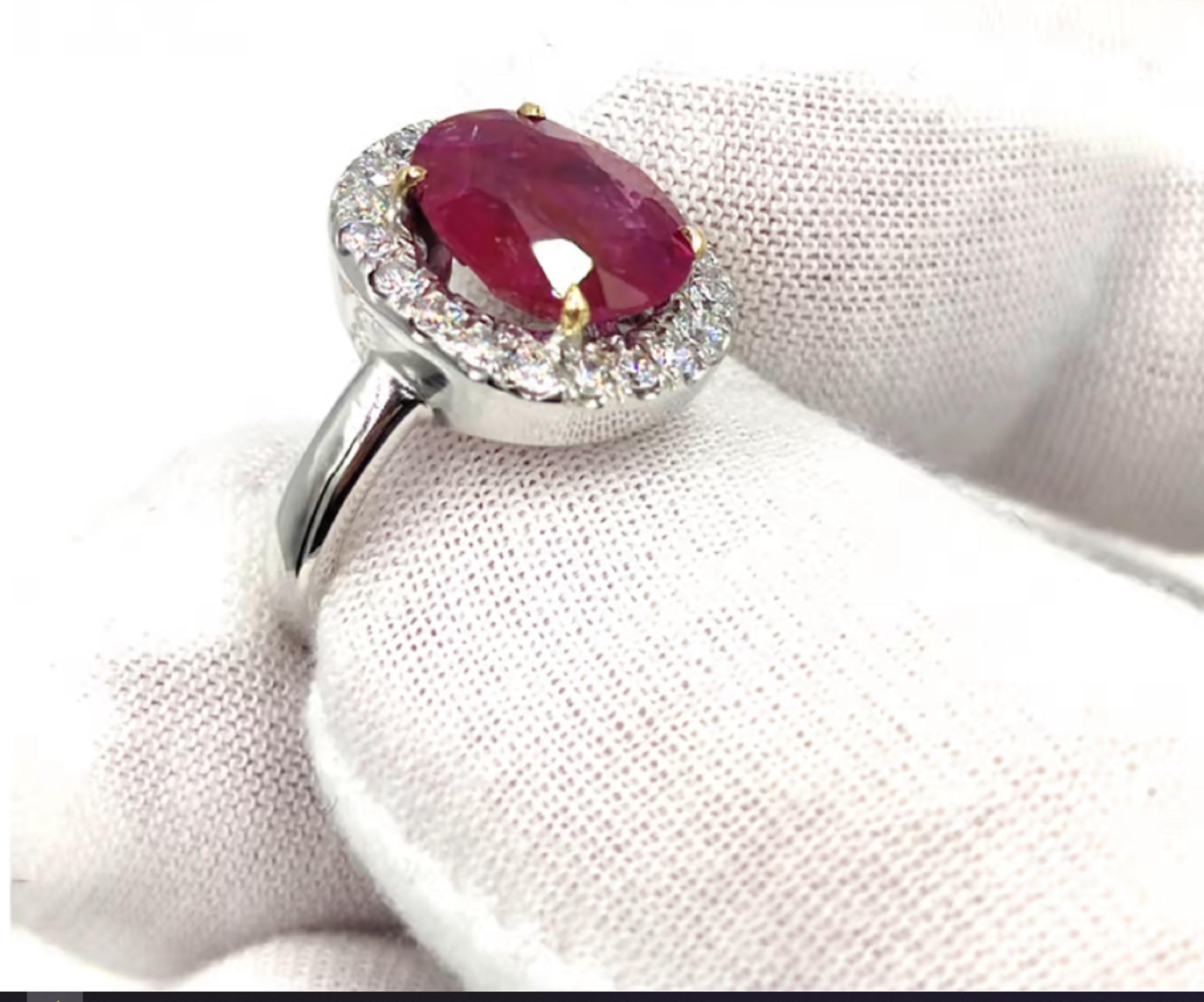 Amazing Natural 4.50 carat ruby diamond ring.

The ring is an absolute marvel and has an exquisite halo of round brilliant cut diamonds.

This ring is one of kind and considering the amazing red the ruby has it cannot be replaced.

