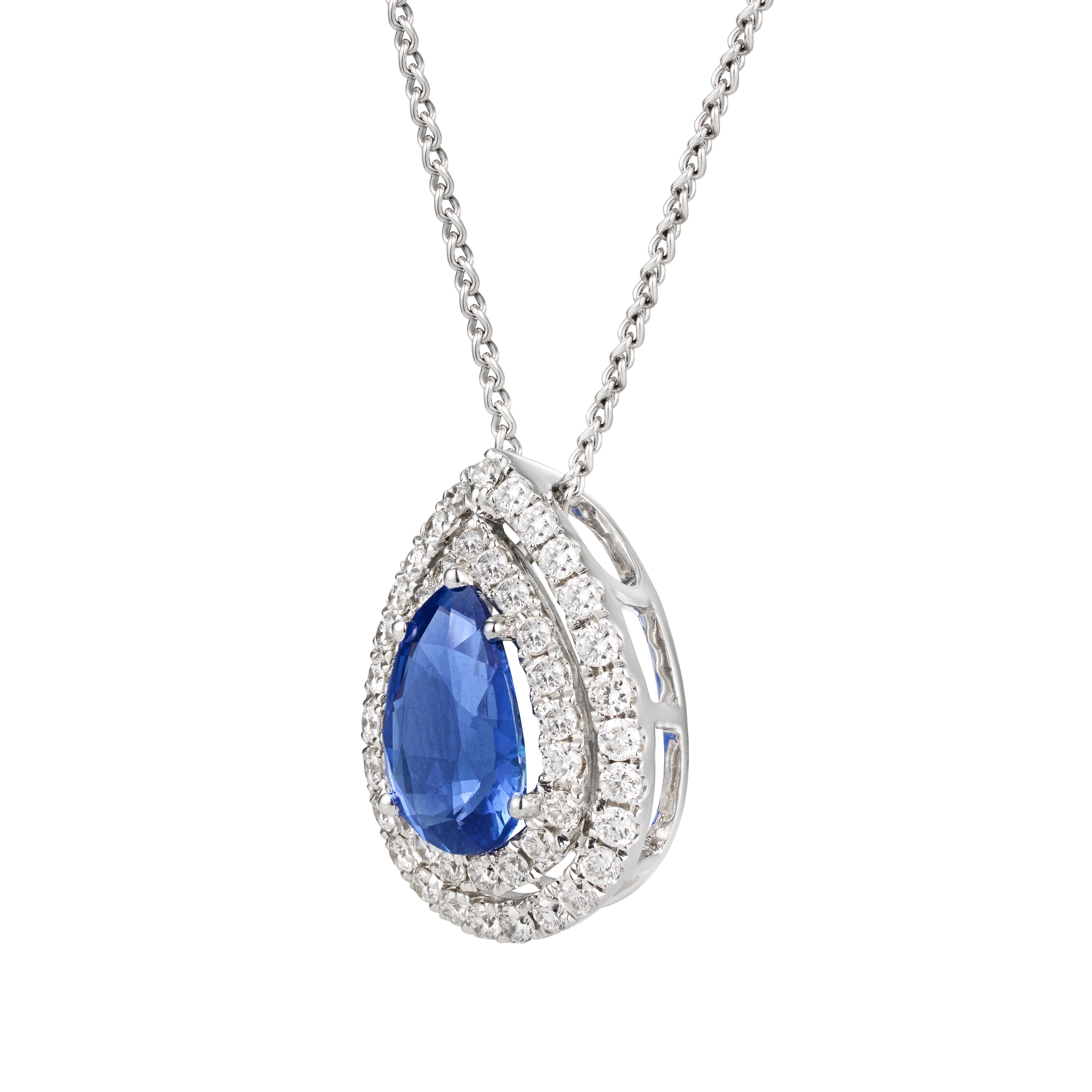 Pear Cut GRS Certified Blue Sapphire Diamond Pendant Necklace 'Natural & Untreated' For Sale