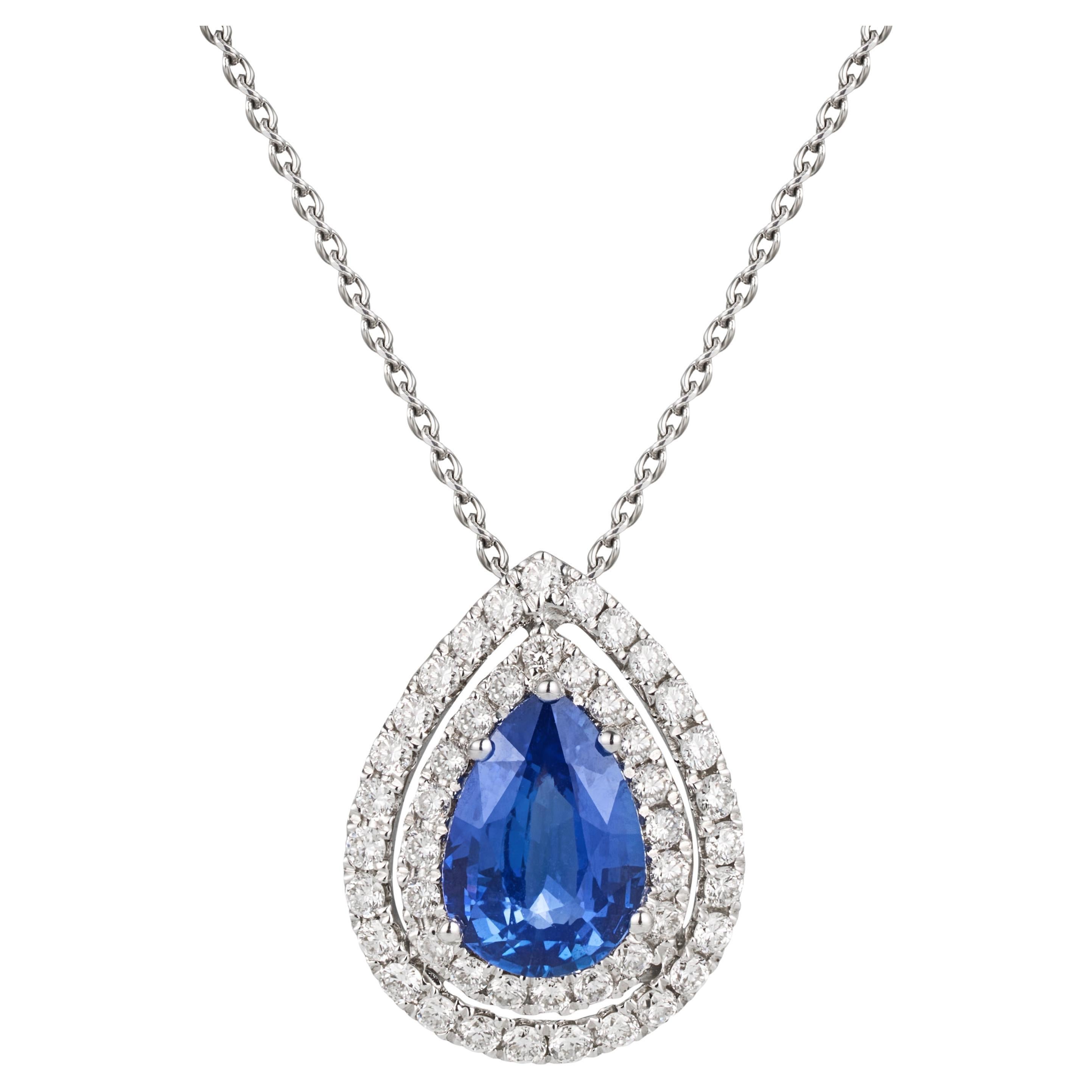 GRS Certified Blue Sapphire Diamond Pendant Necklace 'Natural & Untreated' For Sale