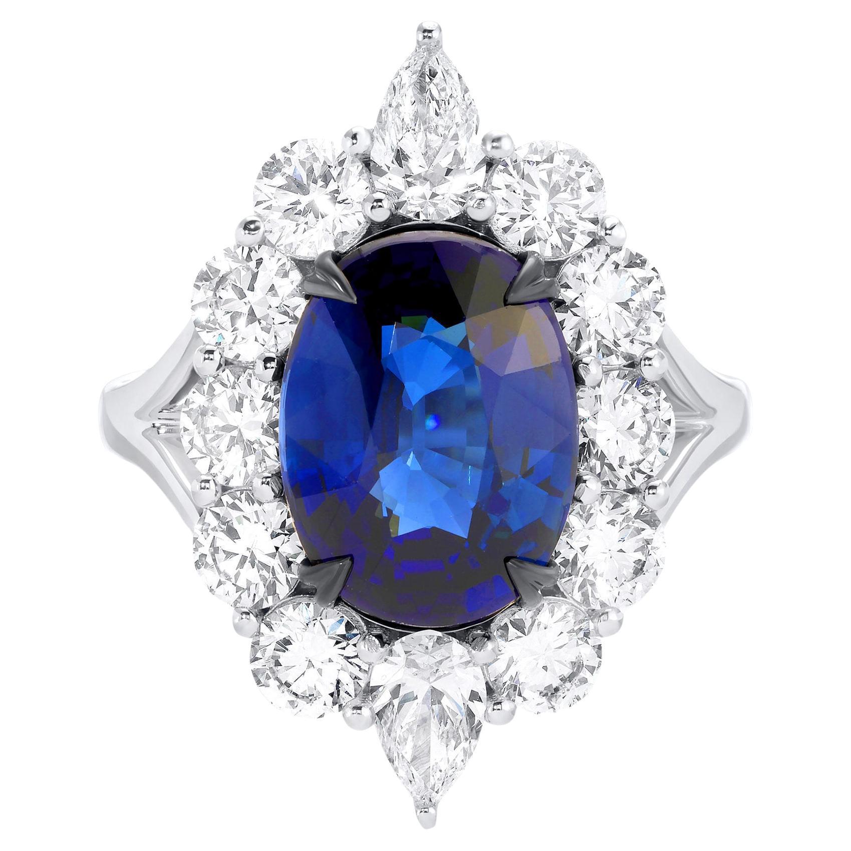 GRS Certified Blue Sapphire Ring With Diamonds 7.61 Carats 18K White Gold